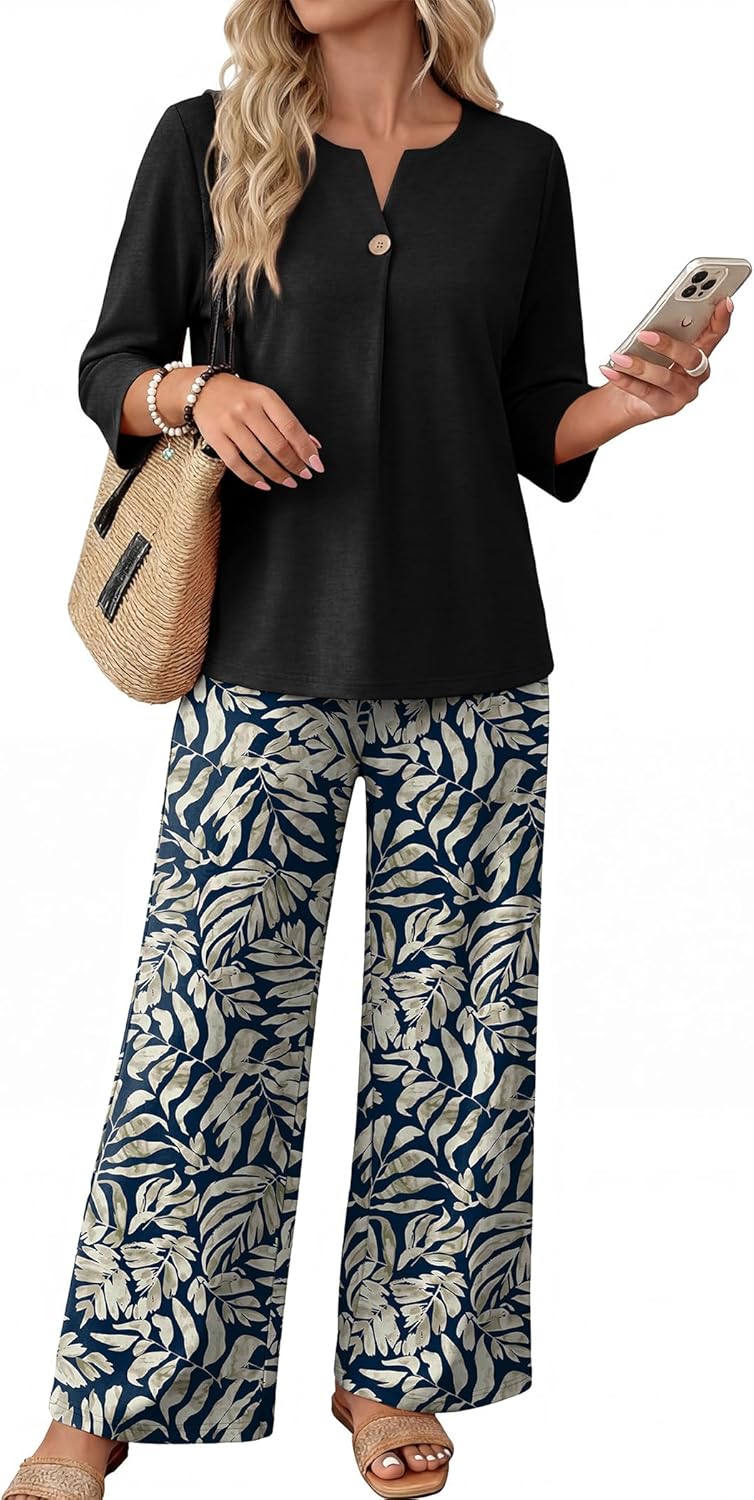 WIHOLL Two Piece Sets for Women 3/4 Length Sleeve Lounge Sets Summer Spring Beach Vacation Travel Cruise Airport Outfits Matching Women Fashion Clothing Wide Leg Pants Set L