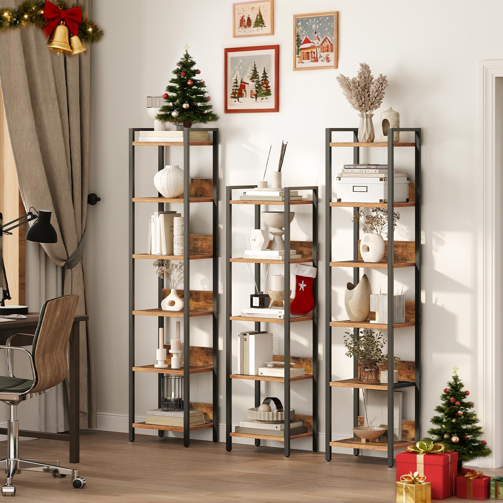 MAHANCRIS Scaffale per libreria, scaffale indipendente, con 5 ripiani, 24 x 33 x 131 cm, ripiani aperti per soggiorno, camera da letto, ufficio, con struttura in metallo, marrone rustico e nero