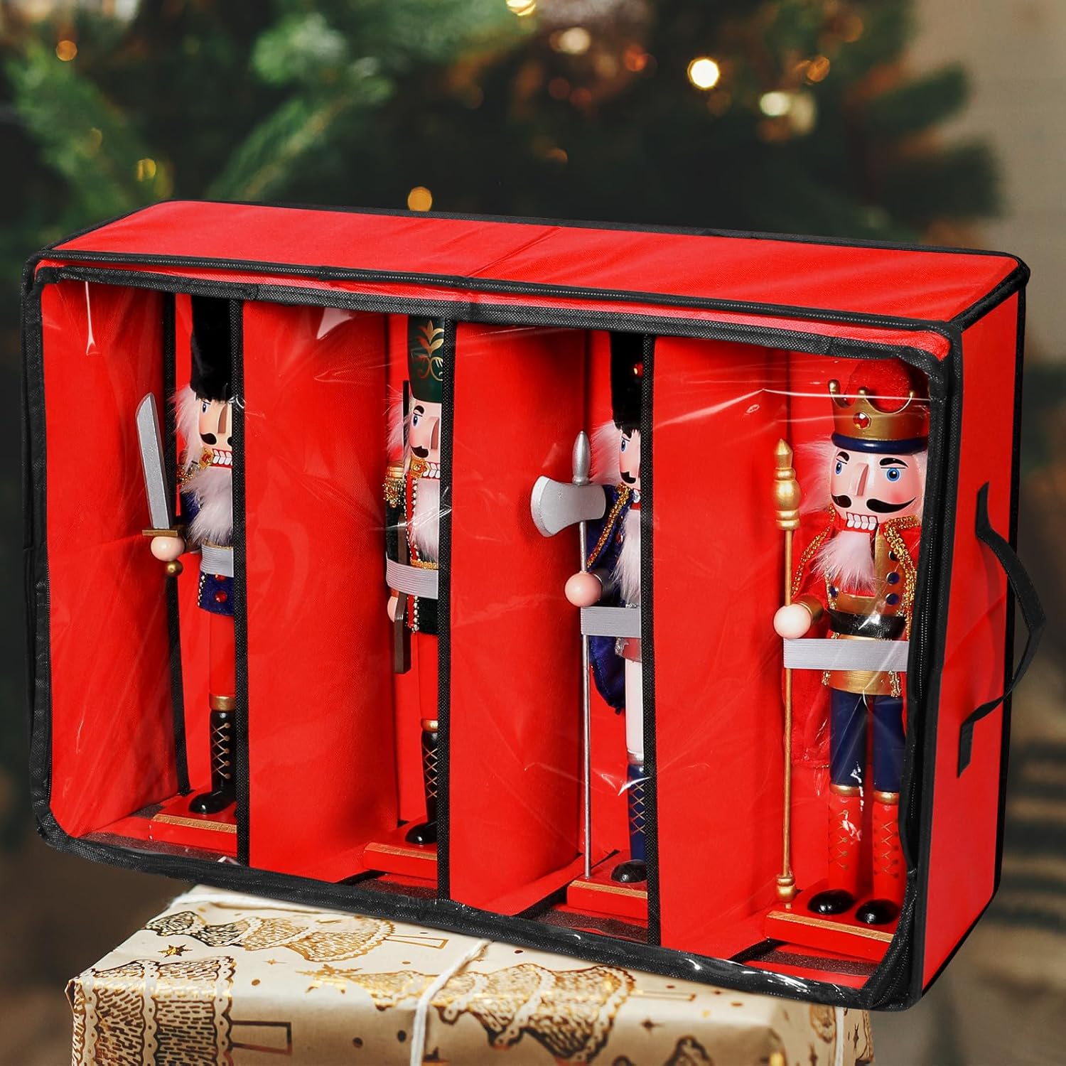 Preboun 4 Pack Clear Top Christmas Nutcracker Storage Box - Each Holds 4 Figurines up to 16 Inches (Red)