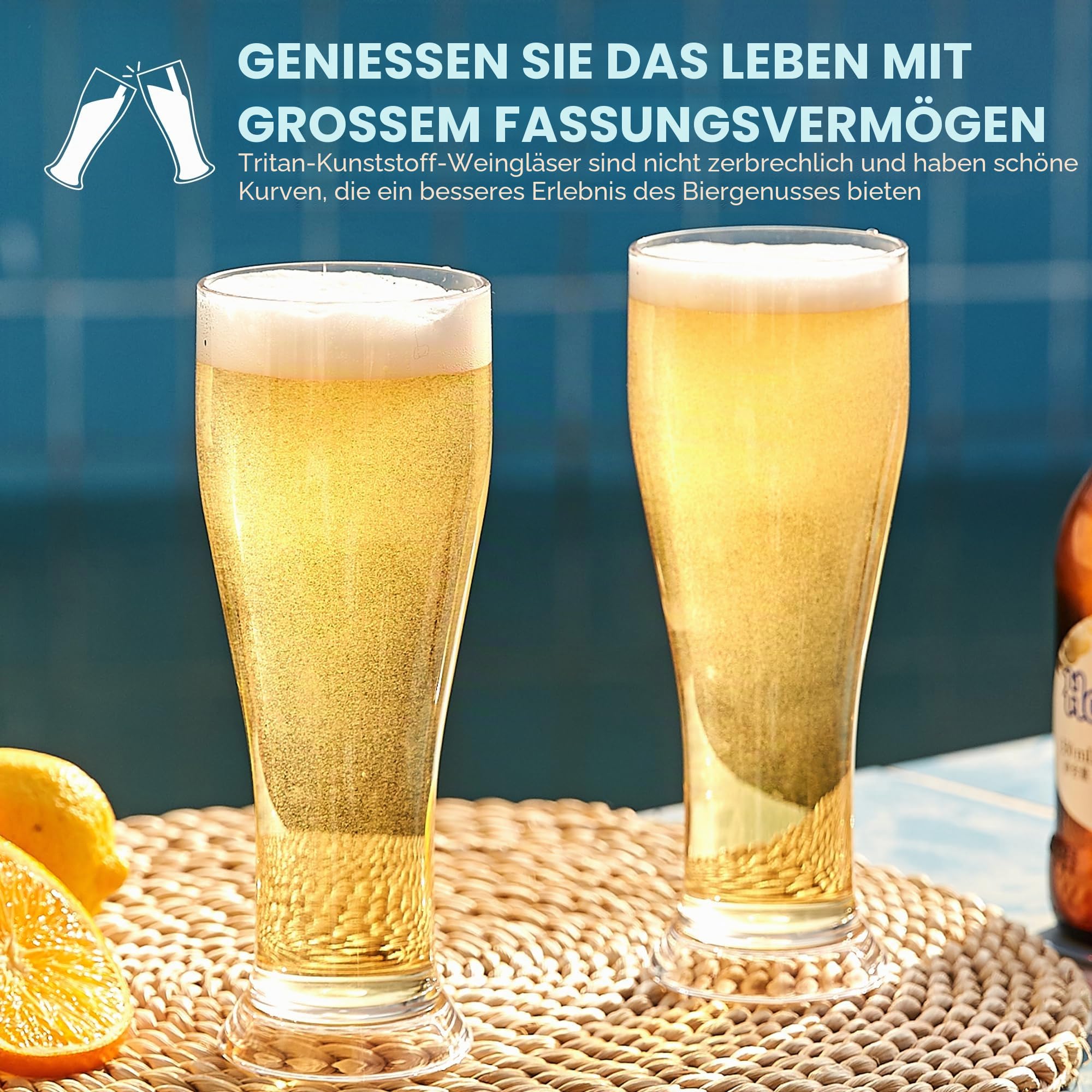 HAHASHOW Unzerbrechlich Biergläser, 480ml Tritan-Kunststoff Weizenbiergläser, Bierglas fur Camping Party, Wasserbecher 4er Set