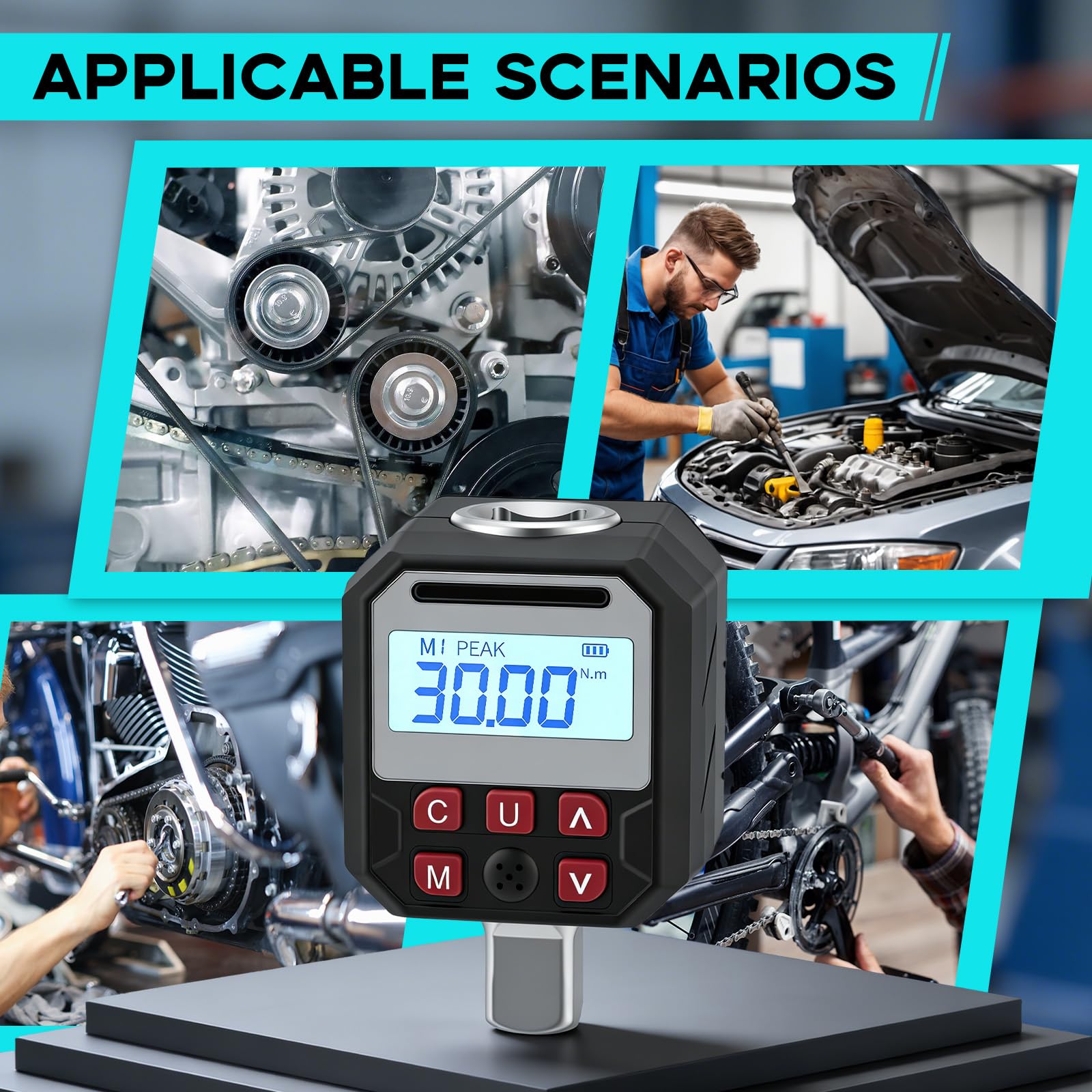 Adattatore Chiave Dinamometrica Digitale 1/2", 5-340 Nm – con attacchi 3/8" e 1/4", display LCD, LED e allarme acustico, Modalità Peak/Trace, 9 Memorie, – per Auto, Moto e Bici