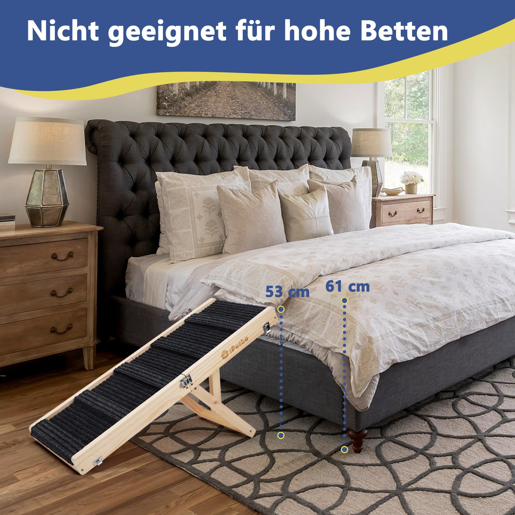 Hunderampe für Sofa und kleine Hunde bis 16 kg, Rampe für Couch und niedrige Möbel, aus Holz, höhenverstellbar, klappbar, rutschfest