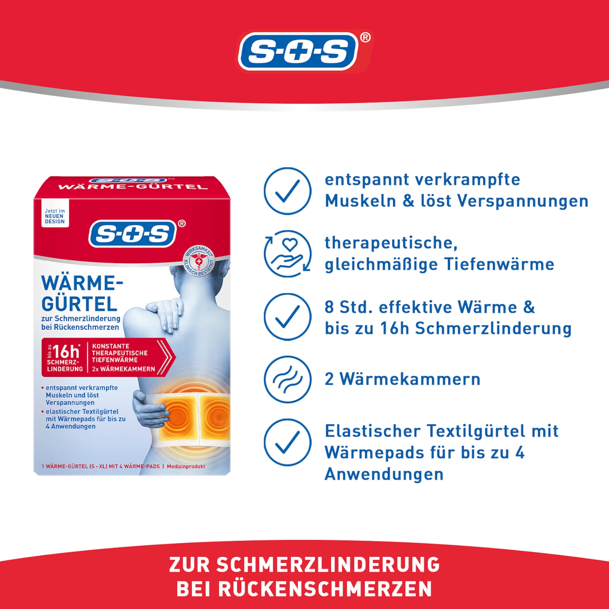 SOS Wärme-Gürtel, zur Schmerzlinderung bei Rückenschmerzen, Gürtel mit Wärmepads bei verkrampften Muskeln und Verspannungen (6 x Wärmegurt, je 4 Wärme Pads)