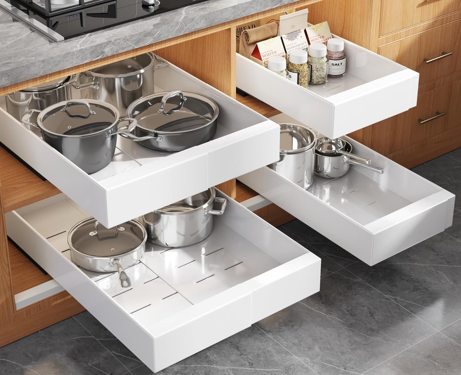 4 Pack Expandable (9"-14") Pull Out Cabinet Organizer 21" Deep With Raising Pad for Framed Cabinets,Upgrade 3 Slide Rails Slide Out Drawers,No Drill Roll Out Shelves Adhesive,White White 21"D x 9"-14"W(4Pack)