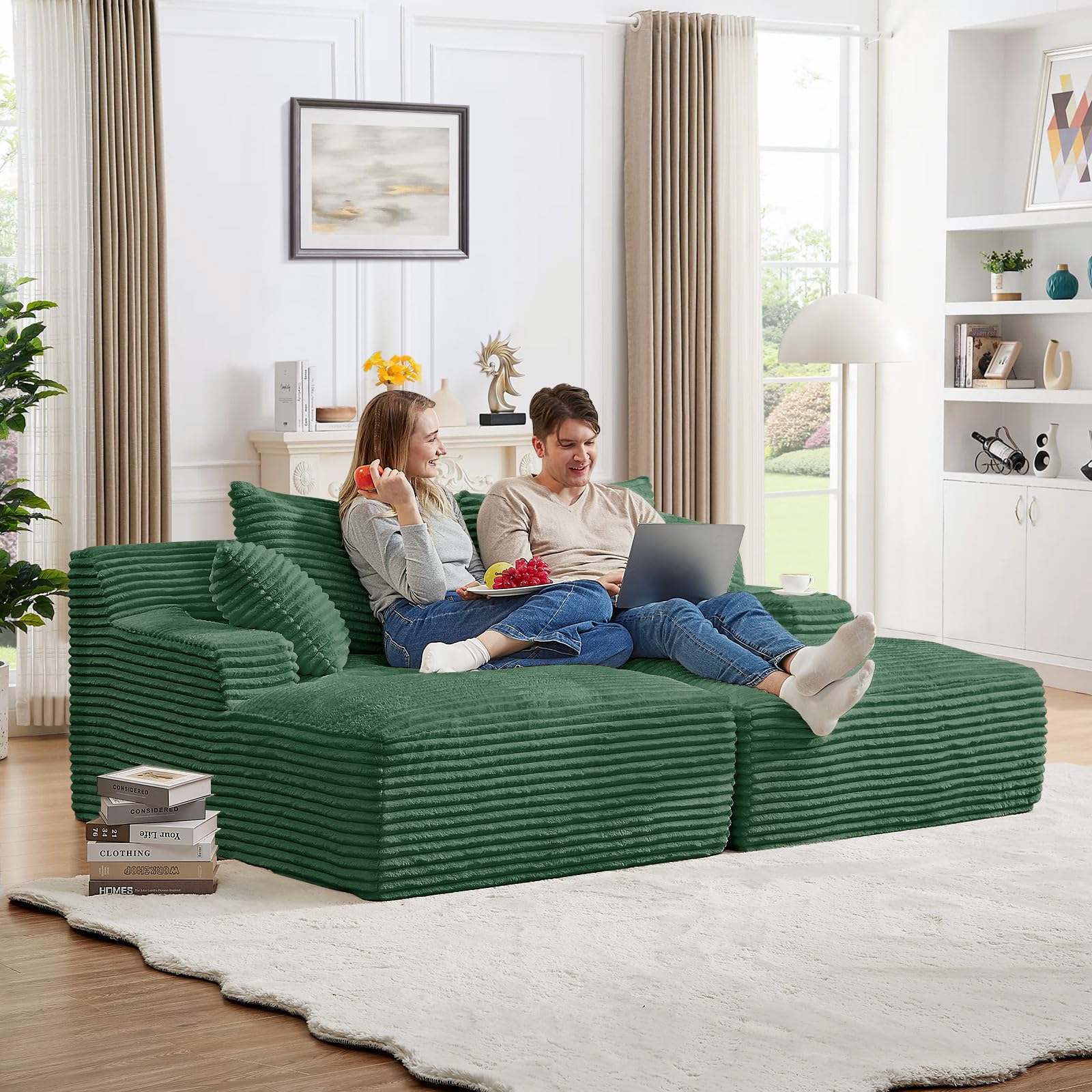 Oversized Cozy Chaise Lounge Chair Indoor,78.7" W Upholstered Corduroy Sofa,Comfy Fluffy Cloud Couch,Modern Deep Seat Sofa,Loveseat Sleeper Sofa Bed Chair for Livingroom,Bedroom,No Assembly(Green)