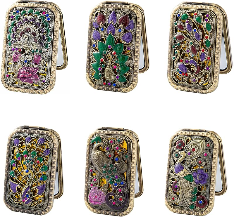 Espelho compacto de mão TANG SONG com pintura de diamantes e tema de pavão, vintage, bronze, conjunto com 6