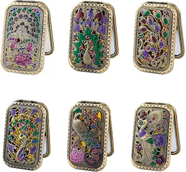 TANG SONG 6PCS Vintage Peacock Pattern Cosmetic Makeup Pocket Purse Magnification Jewel Mirror 6 Different Patterns