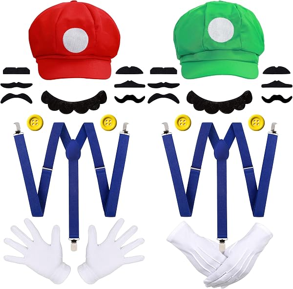 iZoeL Rouge Vert Bros Chapeau Costume Bros Deguisement Carnaval/Halloween Accessoires - Chapeau Gants Mustaches Boutons Bretelles - Costume Halloween/Carnaval/Cosplay pour Homme Femme - 1