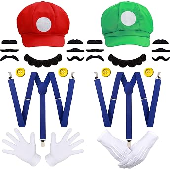 iZoeL Rotes und Gr nes kost m Hut Kappen Schnurrb rte Handschuhe Kn pfe Hosentr ger Cosplay Kost m Zubeh r f r Faschingkost me Damen Herren Halloween Karneval Outfits