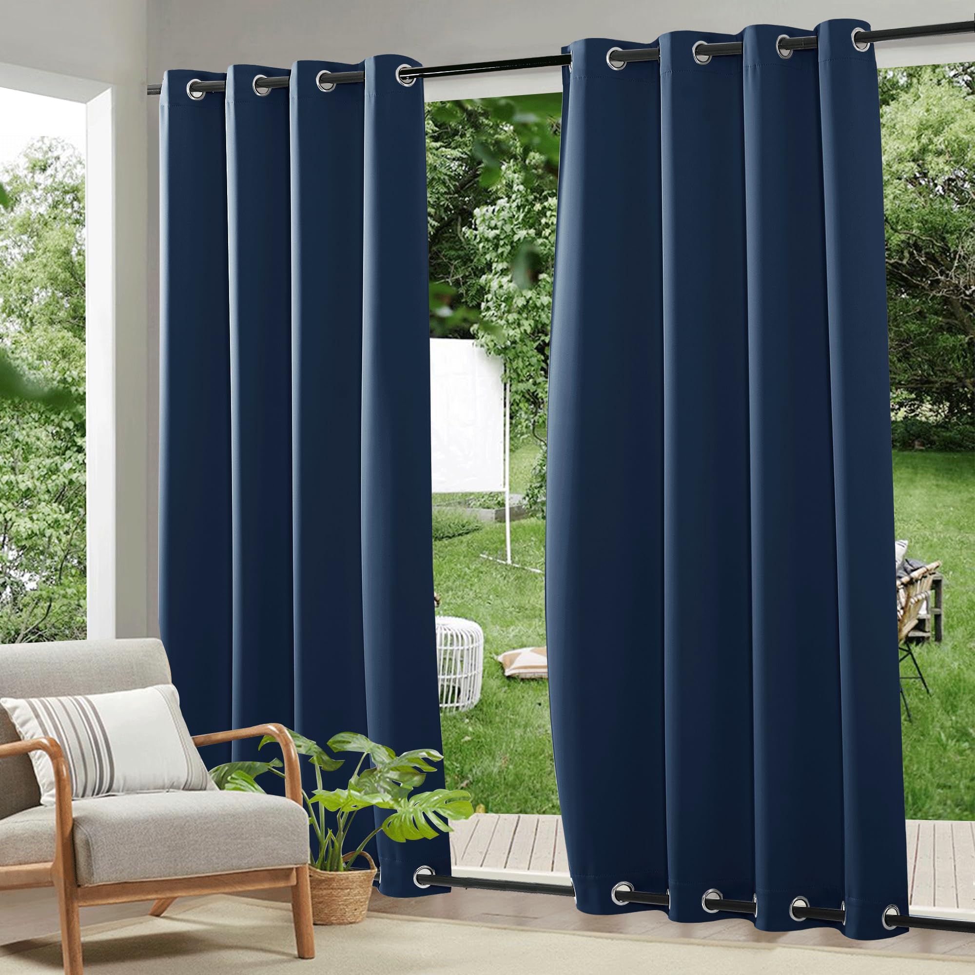 RYB HOME Windproof Outdoor Curtains - Waterproof Blackout Shade Thermal Insulated Drapes for Patio Screen Porch Gazebo Canopy Pergola Garage Sun Room, W 52 x L 96, 2 Panels, Navy Blue