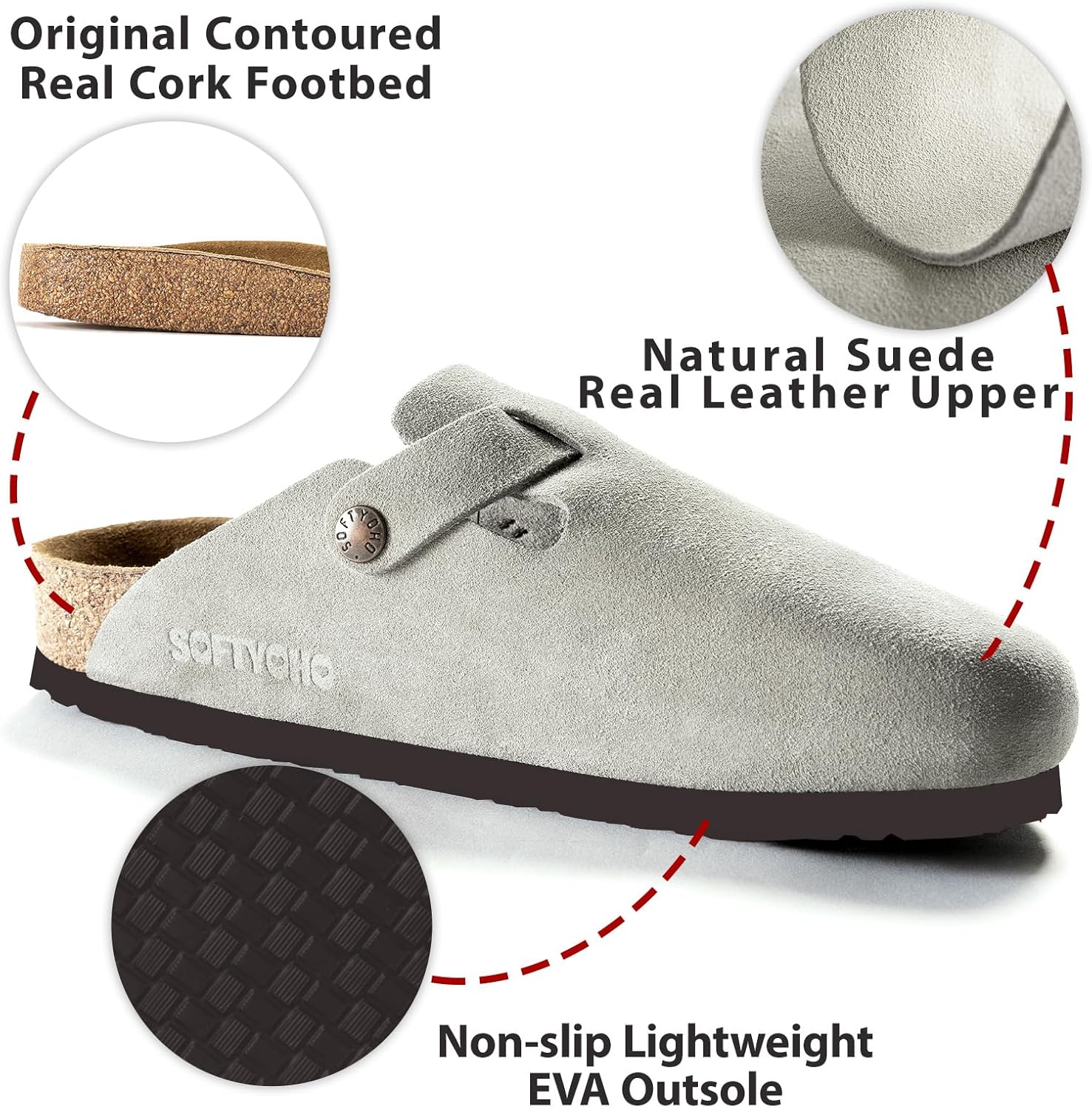 SOFTYOHO Clogs for Women Men, Mules with Arch Support and Adjustable Buckle, Suede Leather Cork Footbed Potato Shoes