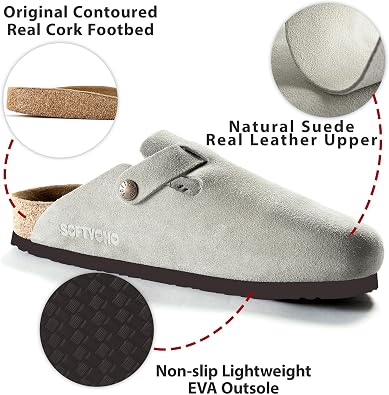 SOFTYOHO Clogs for Women Men, Mules with Arch Support and Adjustable Buckle, Suede Leather Cork Footbed Potato Shoes