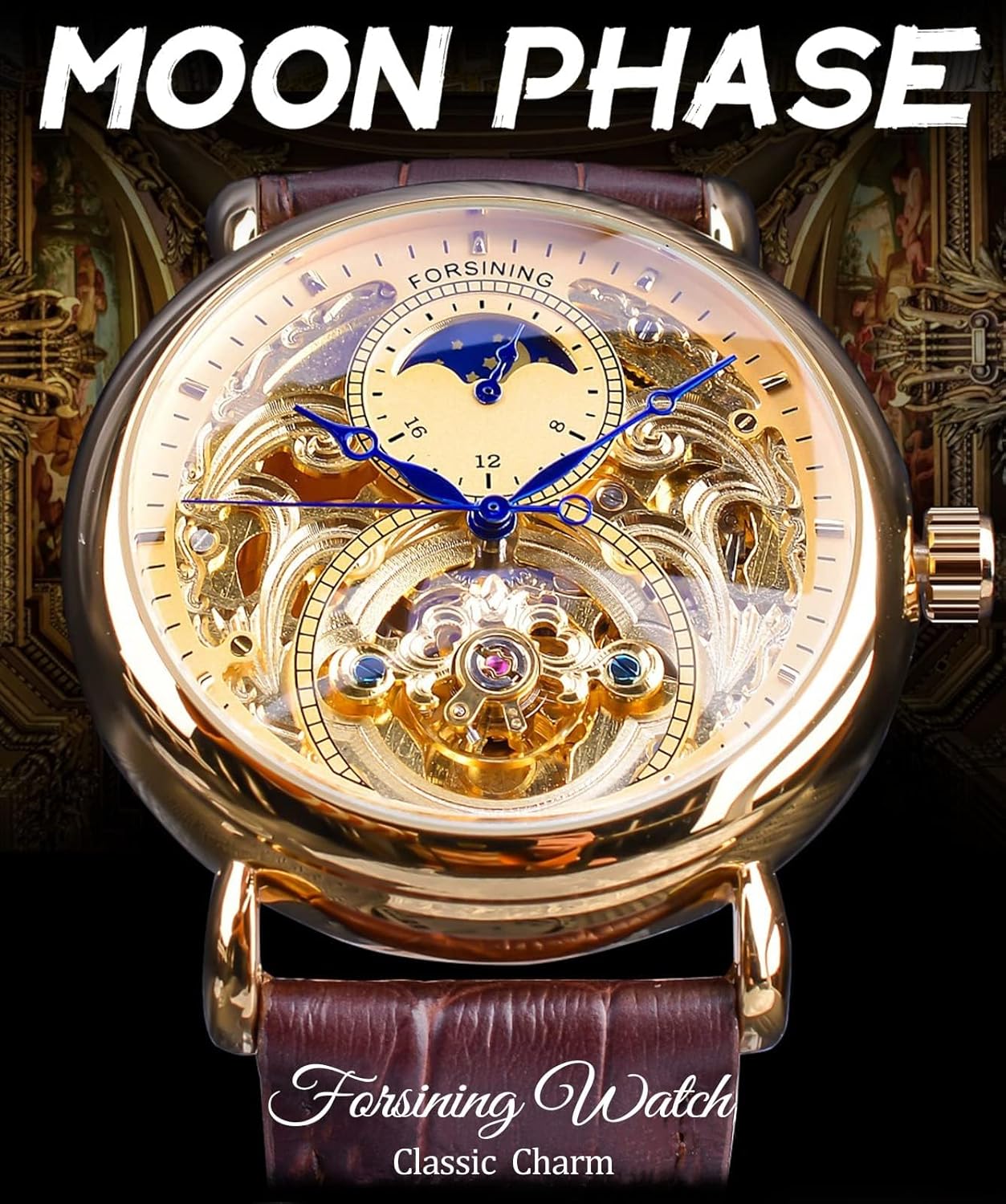 FORSINING Luxury Men's Watch with Moon Phase & Tourbillon, Retro Skeleton Hollow Self-Wind Mechanical Wristwatch, Leather Belt Automatic Movement Men Watches - Image 3