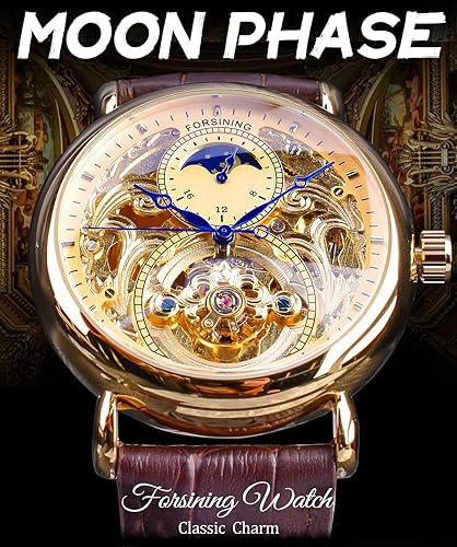 Miniatura 3 de FORSINING Reloj de lujo para hombre con fase lunar y tourbillon, reloj de pulsera mecánico de cuerda automática con esqueleto retro, correa de