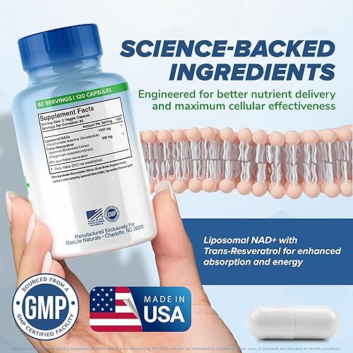 Miniatura 5 de Suplemento liposomal NAD+ Trans-Resveratrol 1500mg – 120 cápsulas – Suplementos liposomales de NAD para mujeres y hombres, regenerador de células