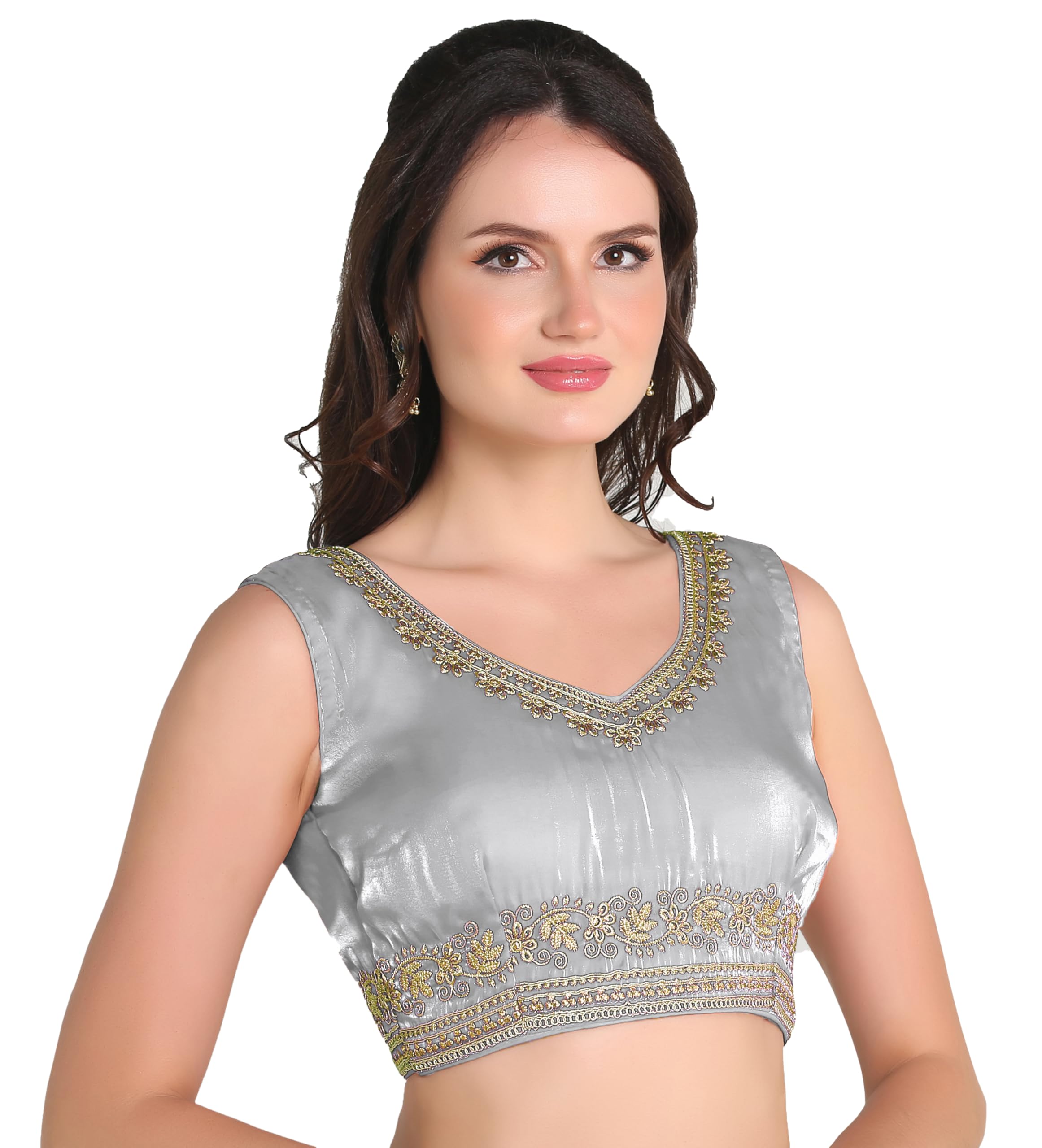 Pujia Mills Women's Sequin Embroidered V Neck Sleeveless Readymade Saree Blouse Indian Ethnic Designer Stitched Readymade Saree Blouse Sleeveless Blouse Readymade Blouse For Women (Silver, 32)