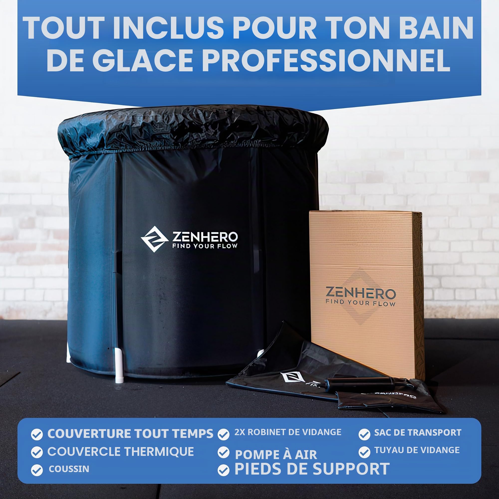 Zenhero Bain de glace avec thermomètre pour athlètes, tonneau cryothérapie - Baignoire gonflable pliable pour adultes - Intérieur/extérieur