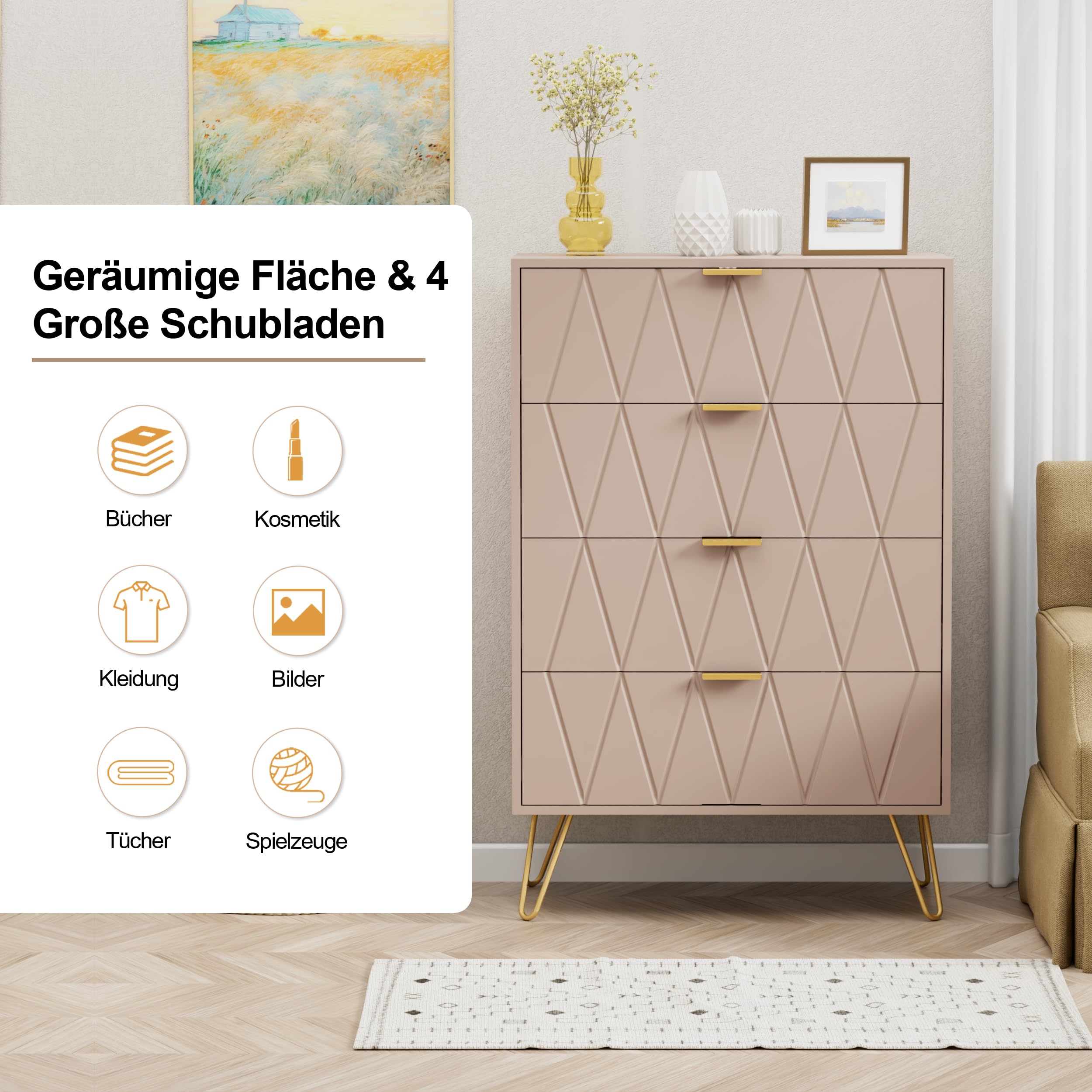UEV Kommode mit 8 Schubladen 120x34x91cm, Modernes Sideboard (Moka)