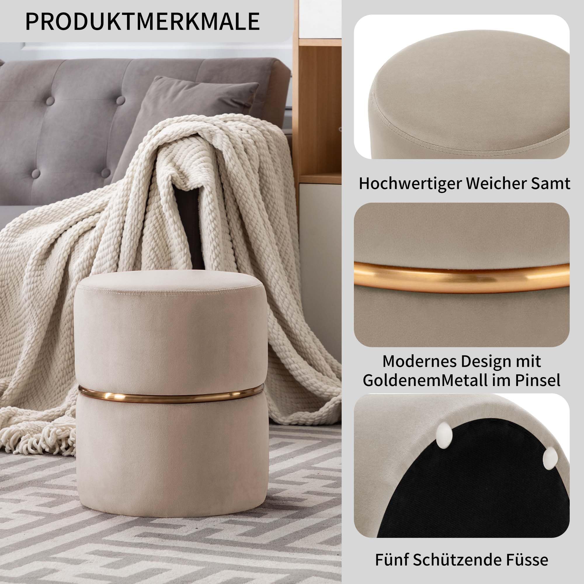 Duhome Taboret do siedzenia taboret okrągły taboret tapicerowany taboret do makijażu szlachetny design 9123, kolor: cappuccino, materiał: aksamit