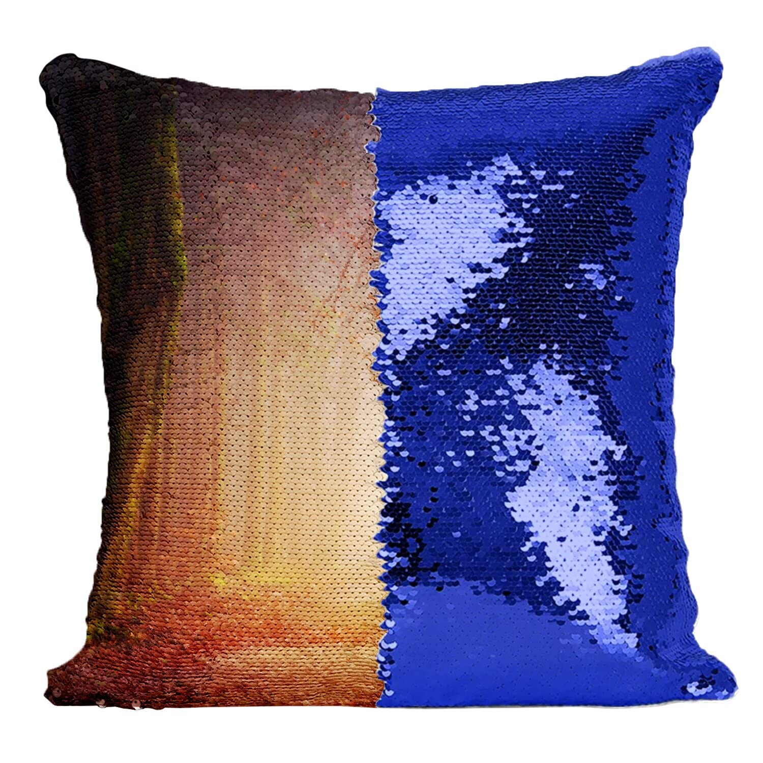 Coussin sequin bleu soleil levant et forêt d'automne original