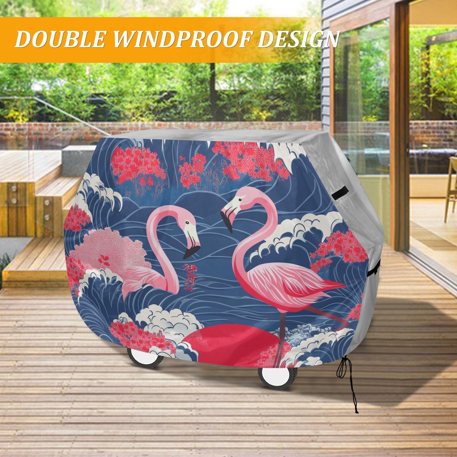 Flamingo pokrowiec na grilla na patio w stylu japońskim, 150 cm, wodoodporny, wytrzymały, odporny na rozdarcie, odporny na blaknięcie materiał, pokrowiec na grilla z regulowanym sznurkiem chroniący