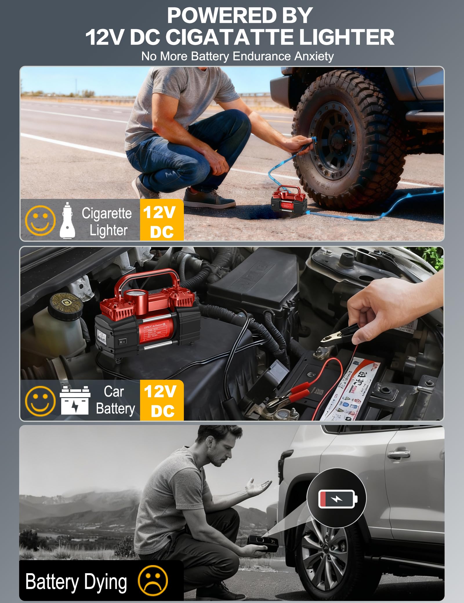 GSPSCN Compressore d'aria a doppio cilindro DC 12 V per auto, gonfiaggio pneumatici portatile resistente, pompa per pneumatici 150 psi con luce LED per auto, camion, SUV, camper, palloni, ecc (rosso)