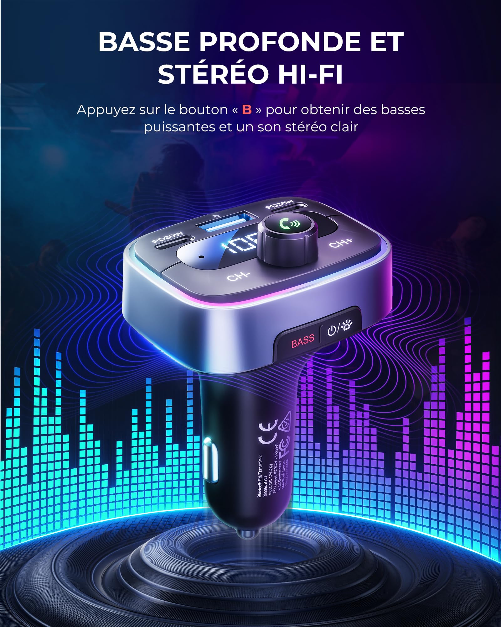 LENCENT Transmetteur FM Bluetooth Voiture, Allume Cigare Bluetooth 5,4 Charge Rapide 60W PD 30W 2 USB C Adaptateur Radio Lecteur de Musique Main Libre Appel/Basse Hi-FI/LED 7 Couleurs/Support Clé USB