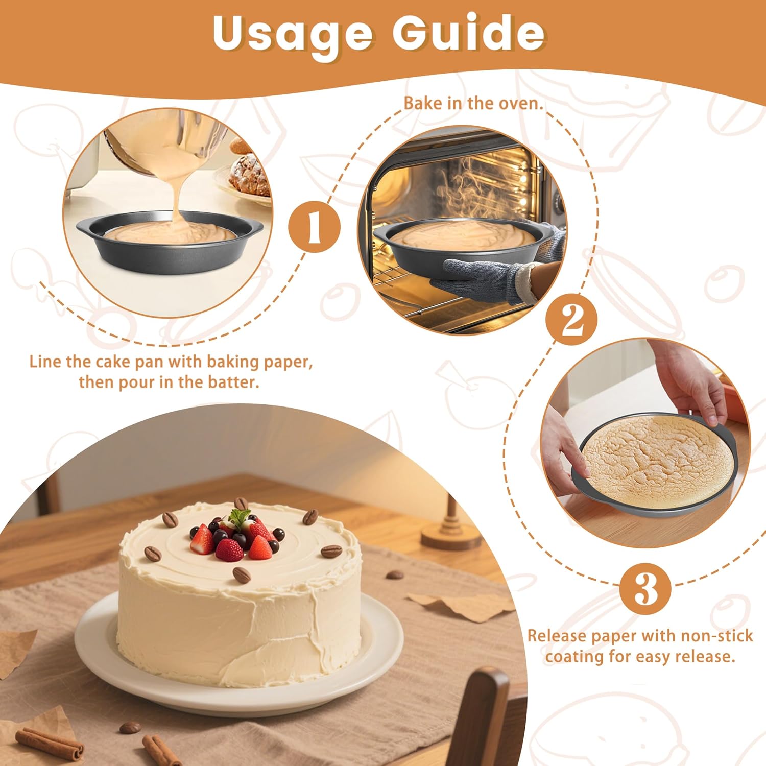 BEWOS 9 Inch Cake Pan Set - 100 Pcs Parchment Paper With 3 Pcs Carbon Steel Round Cake Pans, Nonstick Baking Pans Set With Handle, Dishwasher Safe - Image 4