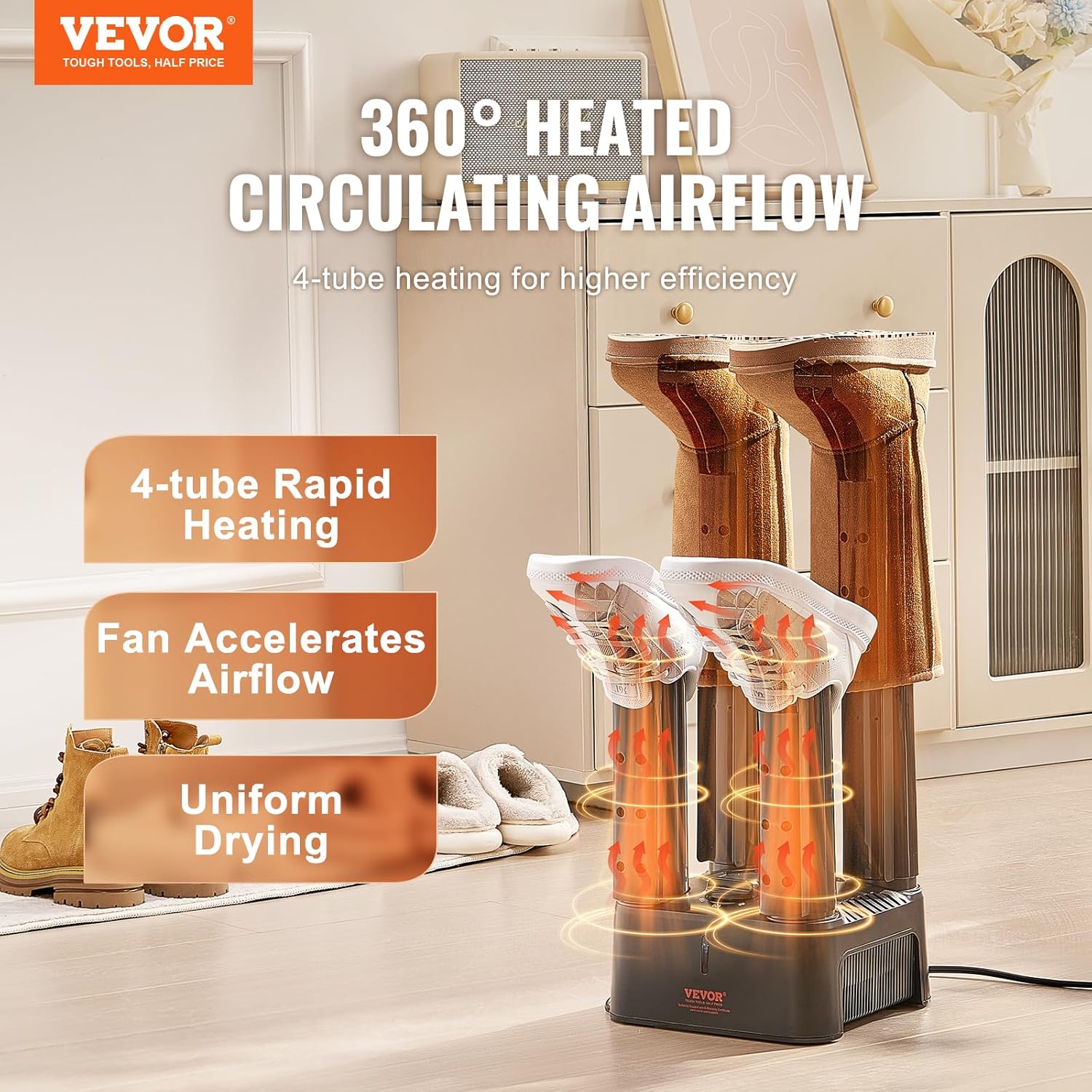 VEVOR Detachable 4 Tubes Shoe Dryer, Portable Boot Dryer with Timer, Boot Warmers with Heat Blower & ABS+PP for Leather Shoes, Socks, Black & Orange