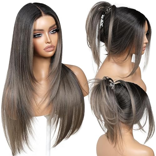 ENCOUNTERU Wear and Go Glueless Grey Wig With Bangs Synthetic Lace Front Ombre Wigs for Women Pre Plucked Pre Cut Layered Wig Ready to Wear Middle Part 26 Inch