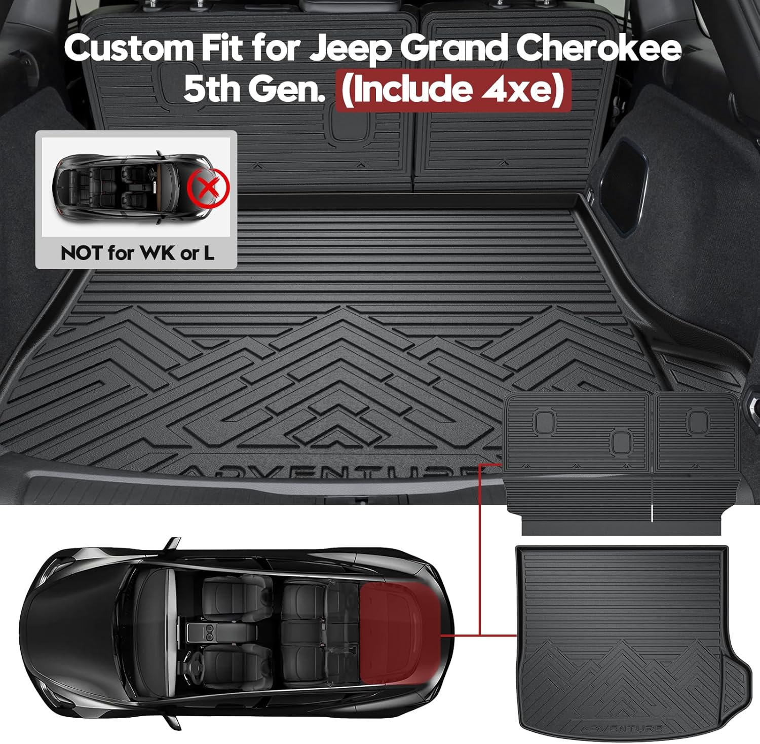 T TGBROS Cargo Mat for Jeep Grand Cherokee 2022-2025 2026 All Weather Cargo Trunk Mat Cargo Liner Back Seat Cover Protector TPE Black Non-Slip 3PCS (5 Seats Include 4XE, NOT for L) 22-26 |Grand Cherokee| Cargo Mat & Backrest Mat