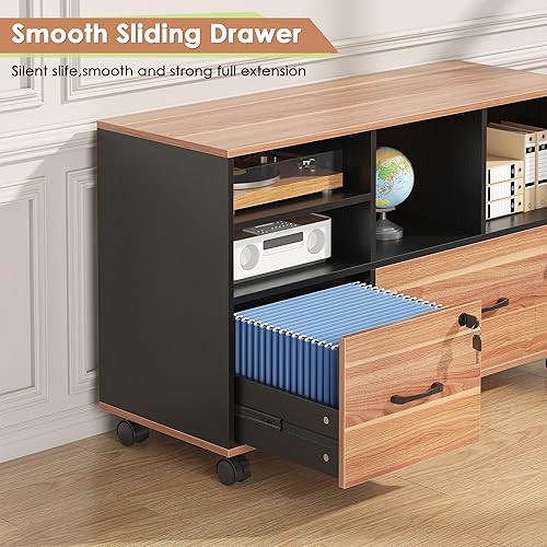 Vista 4 de Semoic Archivador de 2 cajones para oficina en casa, archivador con cerradura con estantes ajustables, archivador lateral de madera con cerradura