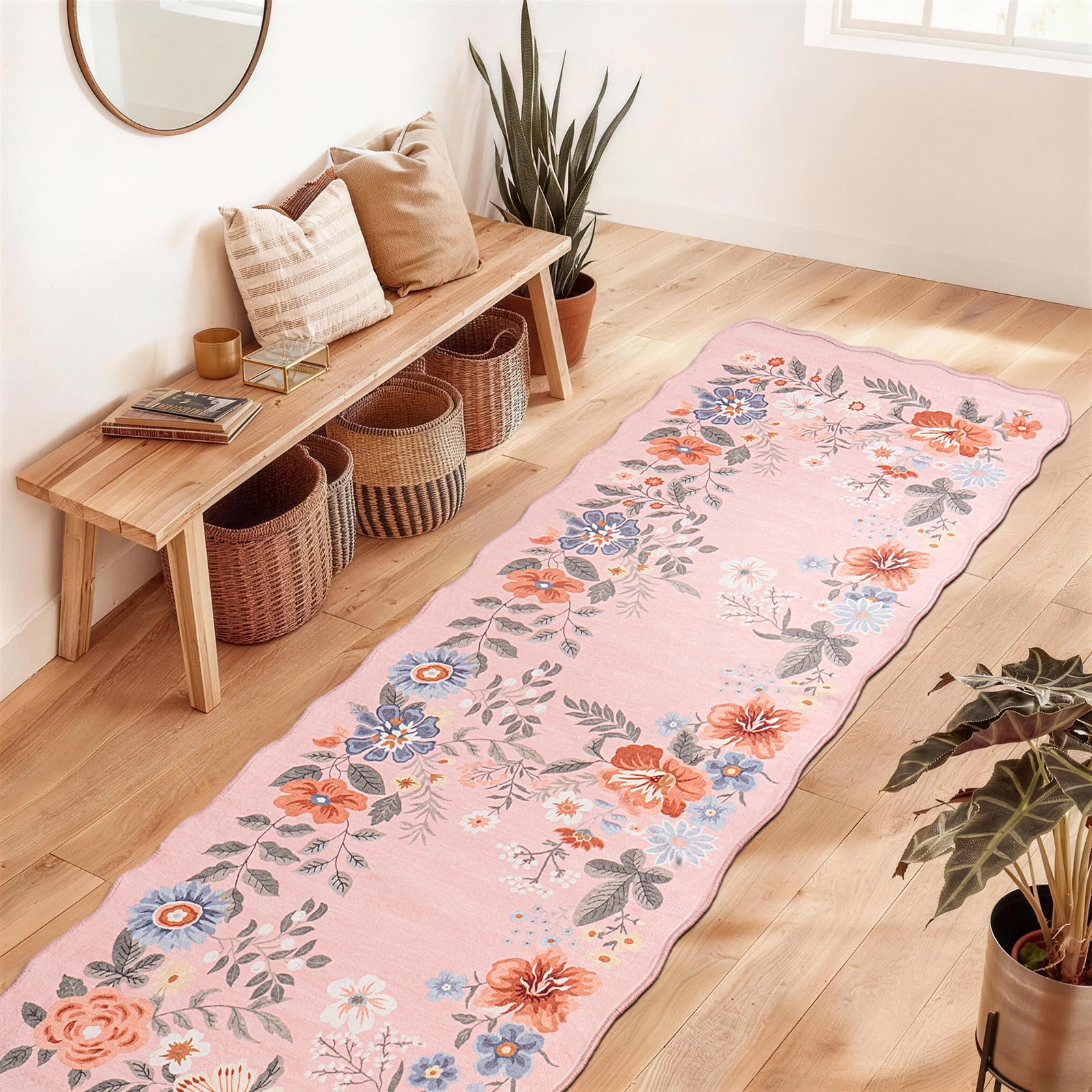 SOANNY Runner Rug 80x240 cm, Floral Boho Hallway Entryway Area Rugs, Soft Low Pile Washable Non Slip Stain Resistant Carpet for Living Room Bedroom Kitchen Office Hall Nursery, Scalloped Pink