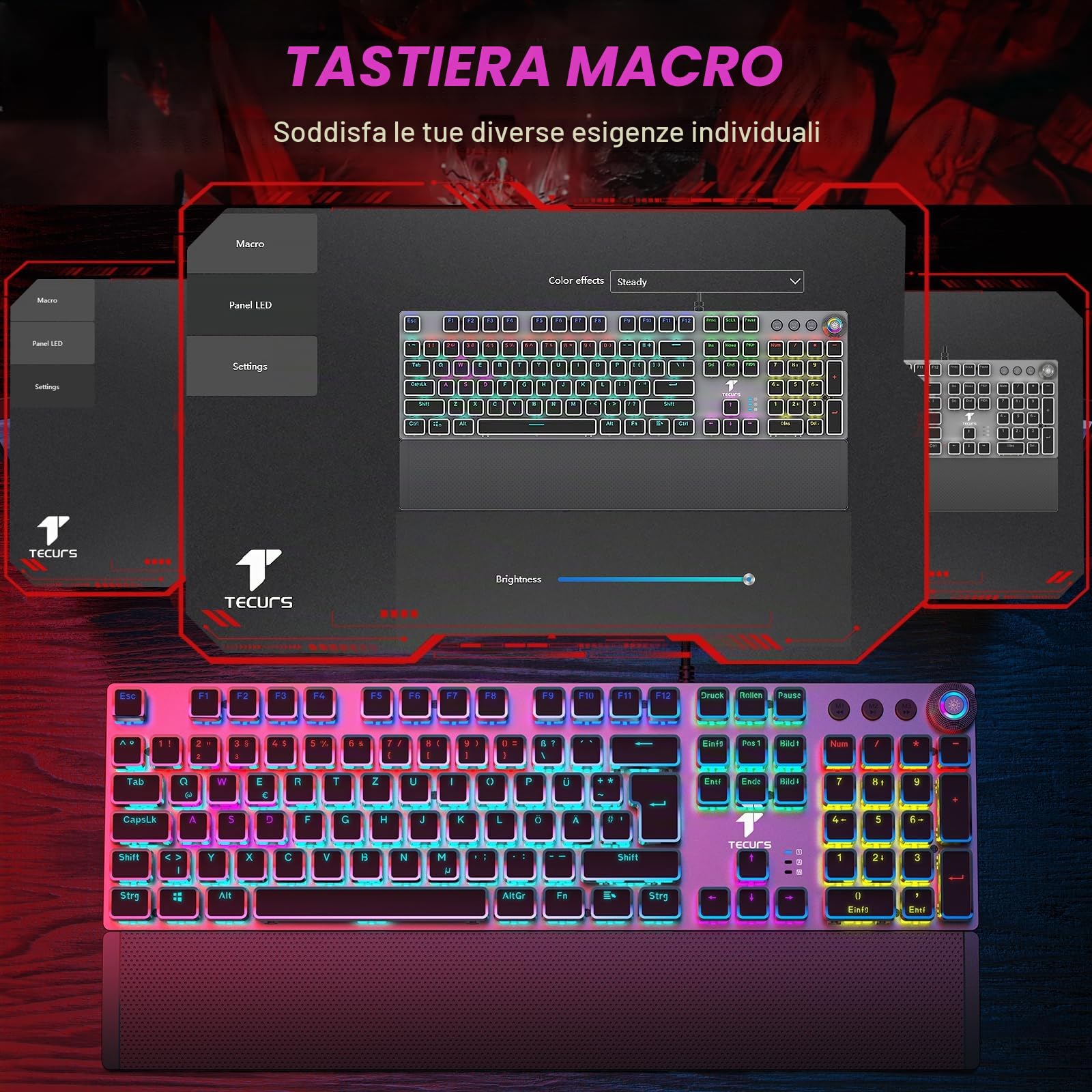 TECURS Tastiera meccanica da gioco con poggiapolsi magnetico e interruttori rossi, tastiera illuminata QWERTZ cablata, 105 tasti con anti-ghosting e manopola multimediale per PC/PS5/PS4