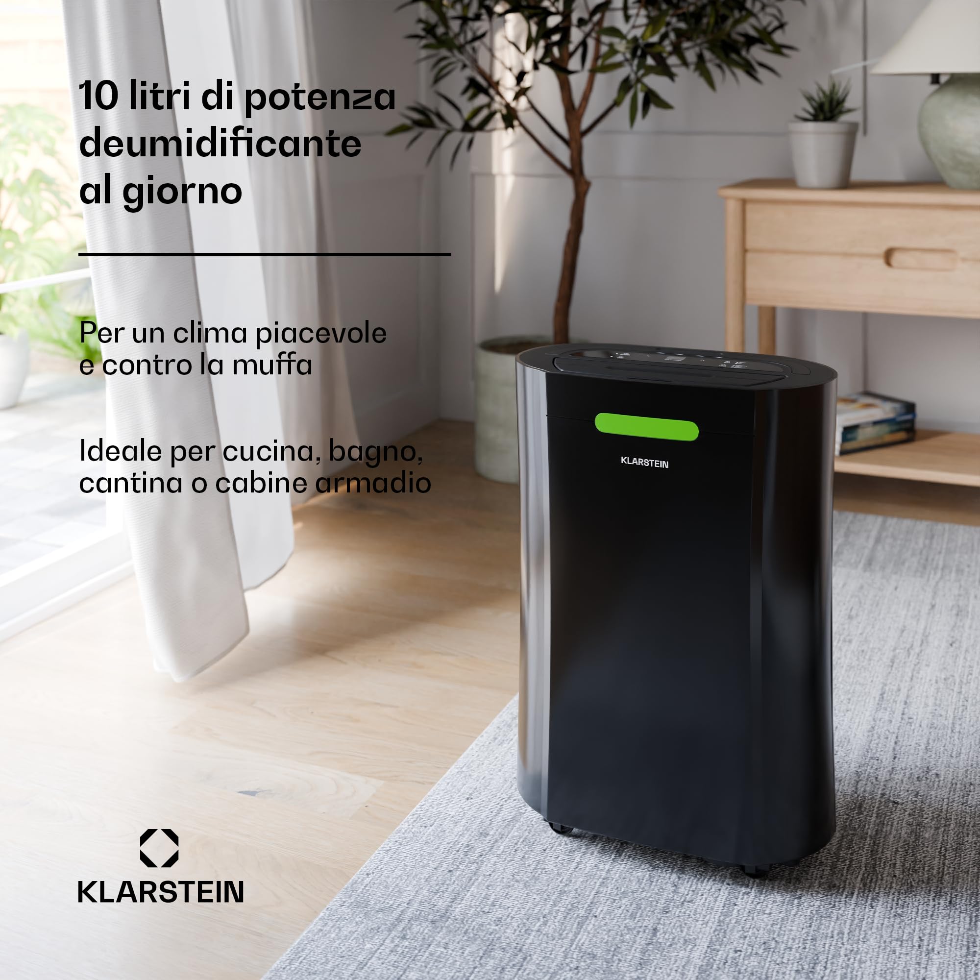 Klarstein AeroDry 10l - Deumidificatore, 165W, 10L/g, Serbatoio da 2,5L, Silenzioso: 37dB, Filtro a Carboni Attivi, Funzione DrySelect, per Casa, Bagno, Camera da Letto, Nero