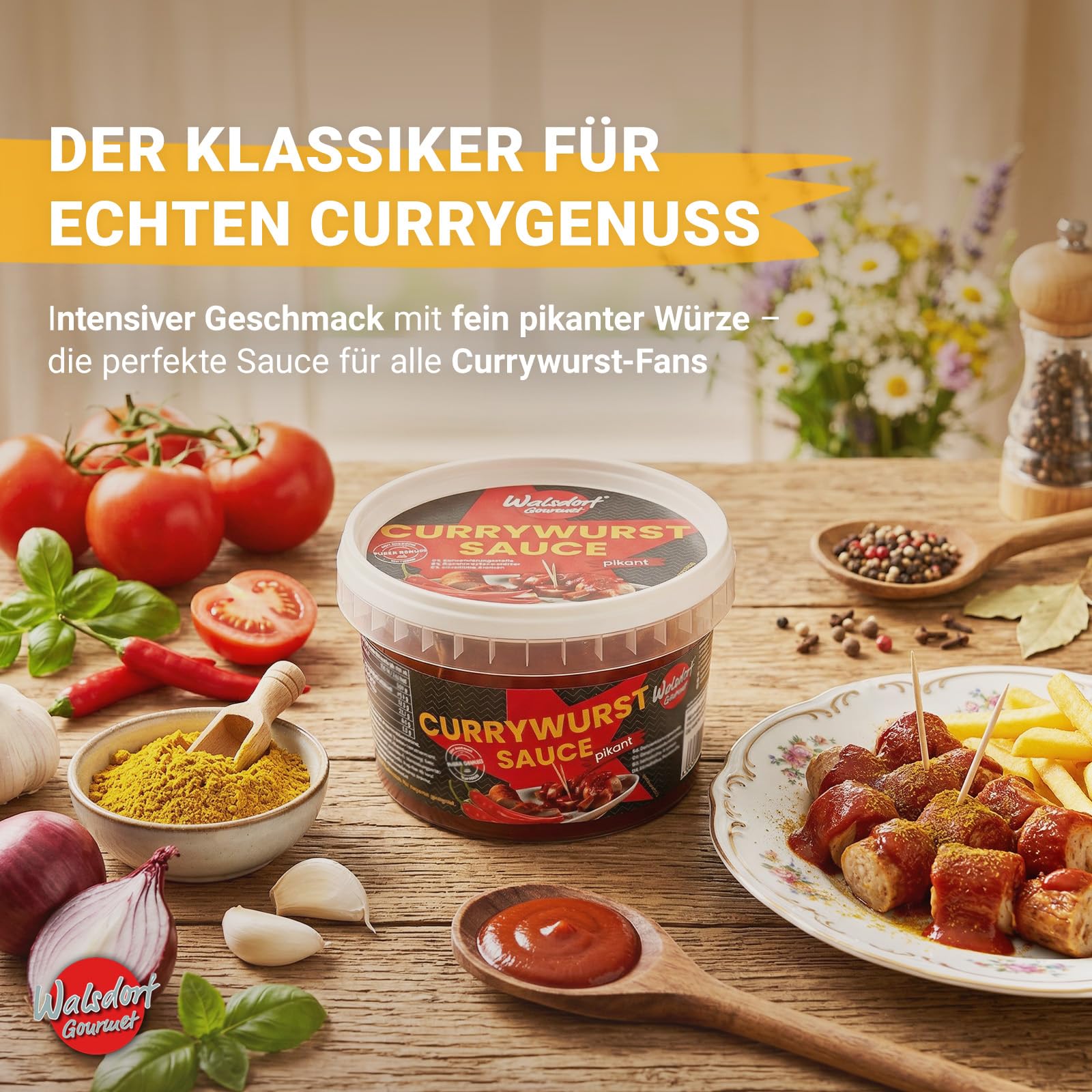 Walsdorf Gourmet Currywurst Sauce pikant - 3 x 500 g Schale - Currysauce mit milder Schärfe & Tomatenmark - Ohne Geschmacksverstärker & künstliche Zusätze - Vegan - Manufakturqualität vom Niederrhein