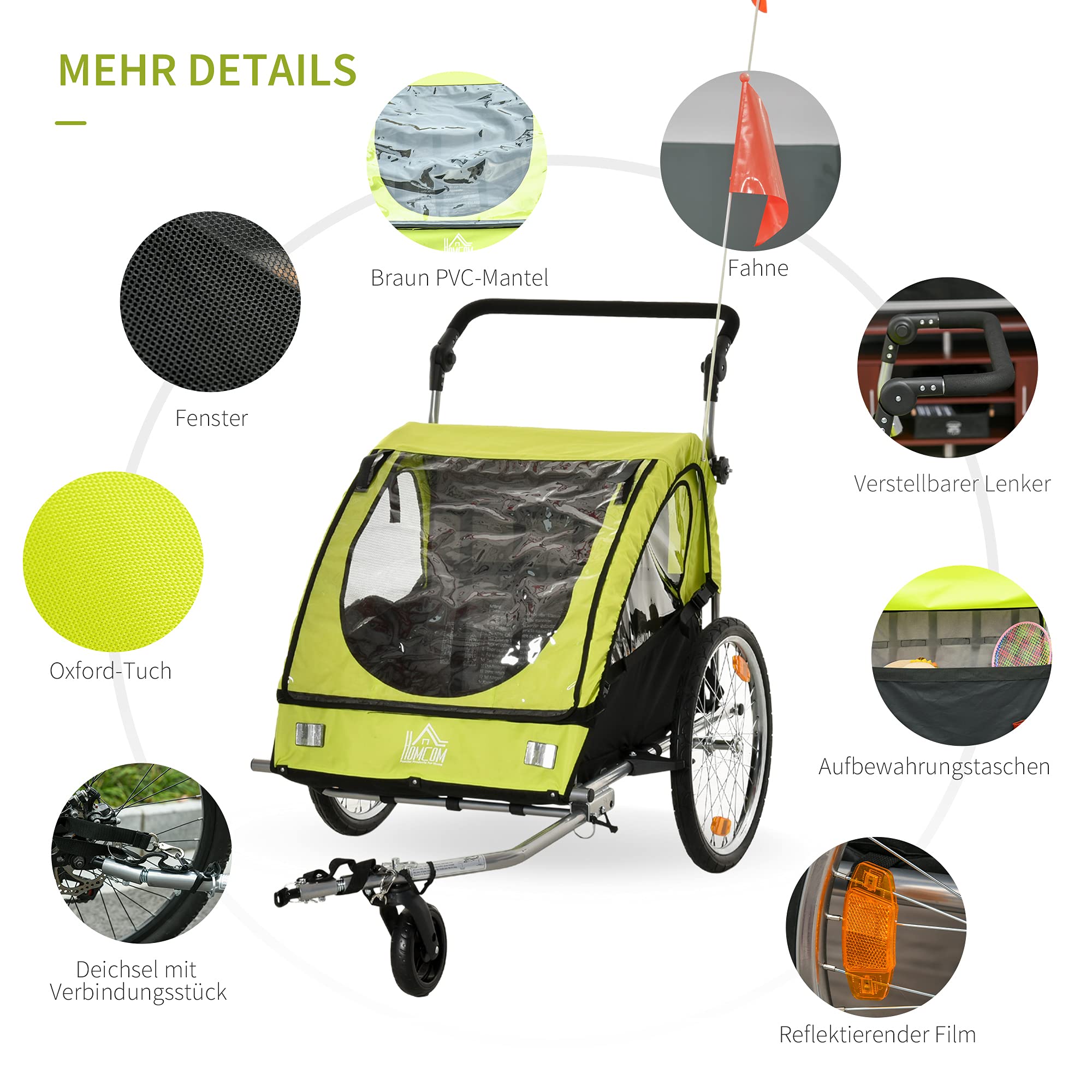 HOMCOM Remolque de bicicleta 2 en 1 con bolsa de almacenamiento de dos capas de tubo de acero oxford verde + negro, 160 x 84 x 106 cm