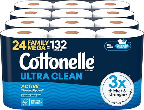 Cottonelle Papel higiénico ultra limpio con textura de limpieza activa, 24 megarrollos familiares (24 megarrollos familiares 132 rollos regulares) Cottonelle Papel higiénico ultra limpio con textura de limpieza activa, 24 megarrollos familiares (24 megarrollos familiares 132 rollos regulares)