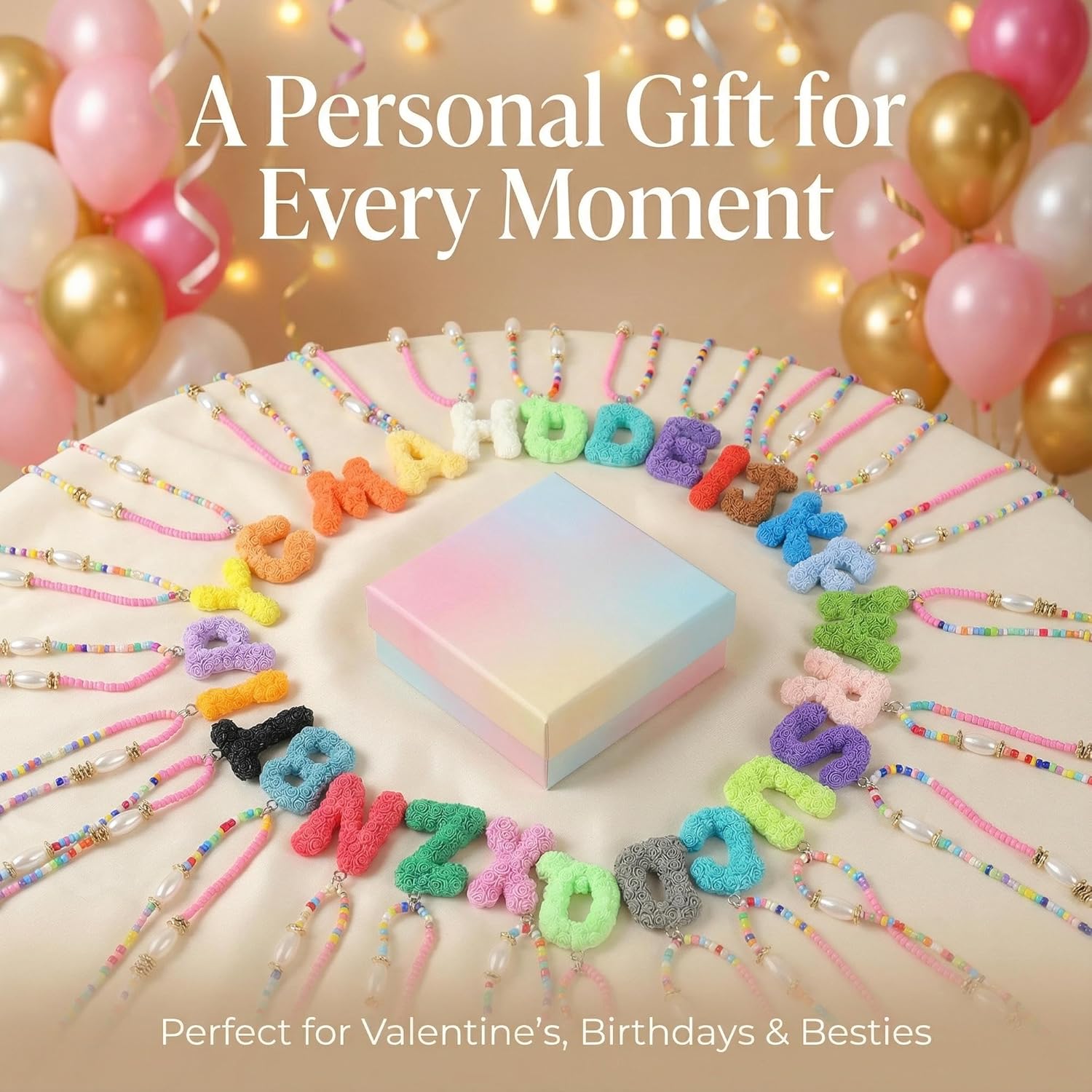 Colorful Beaded Initial Necklace for Women, 3D Rose Textured Bubble Letter Necklace, Personalized Y2K Aesthetic Boho Beaded Choker, Cute Alphabet Name Jewelry Gift, 16+2" - Image 6