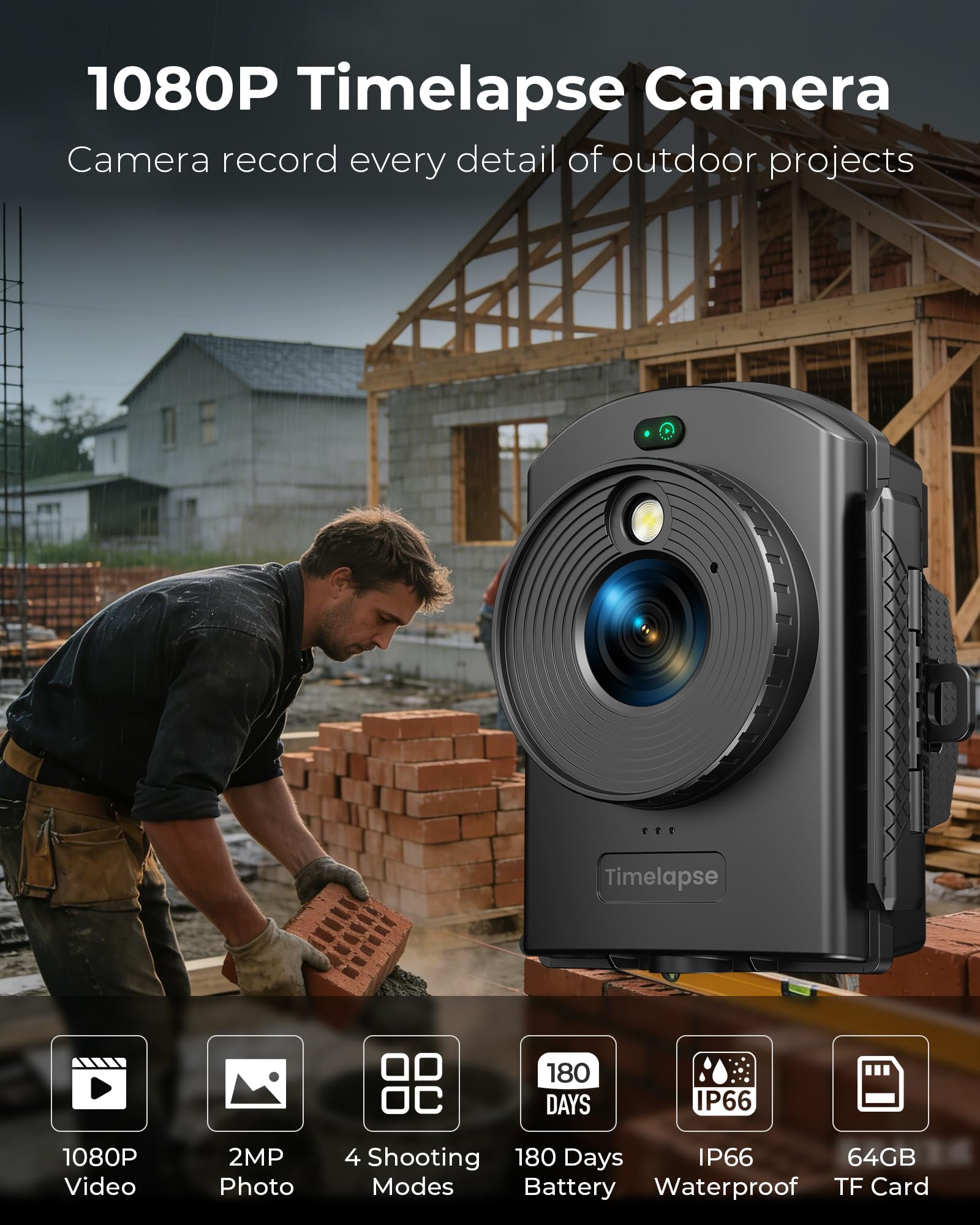 Caméra Time Lapse Extérieur 1080P AVI 64 Go Enregistrement 180 jours Infrarouge Construction Croissance des Plantes