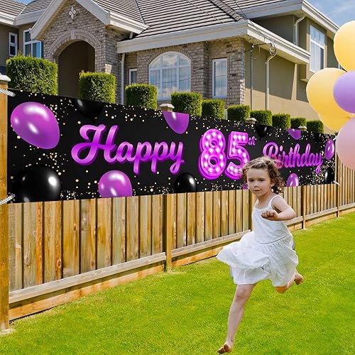 Miniatura 4 de Cartel de feliz cumpleaños 85 morado y negro, decoración temática de globos de confeti para mujeres de 85 años, suministros de fiesta de cumpleaños,