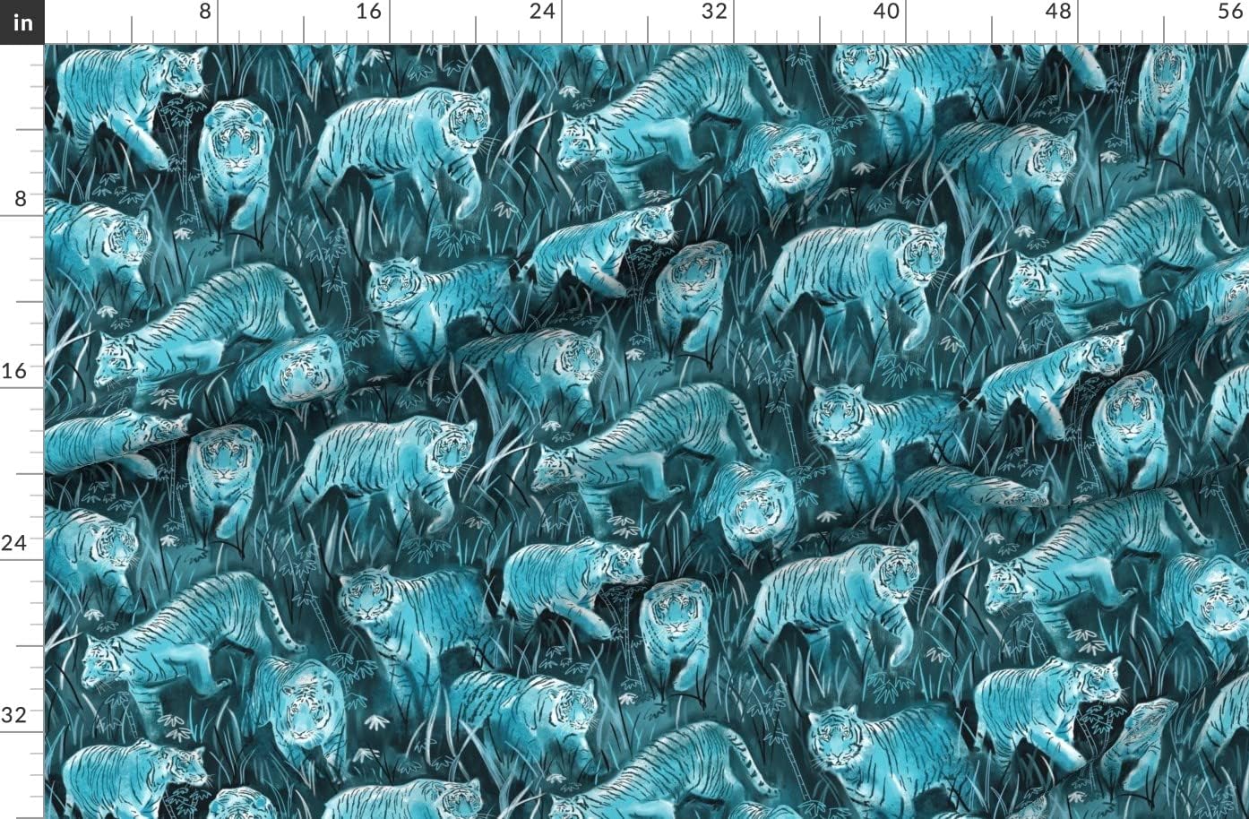 Spoonflower Fabric - Moonlight Monochrome Teal Cats Grass Jungle Night Tiger Black Blue Big Printed on Organic Cotton Sateen Fabric by The Yard - Sewing Quilting Apparel Home Decor