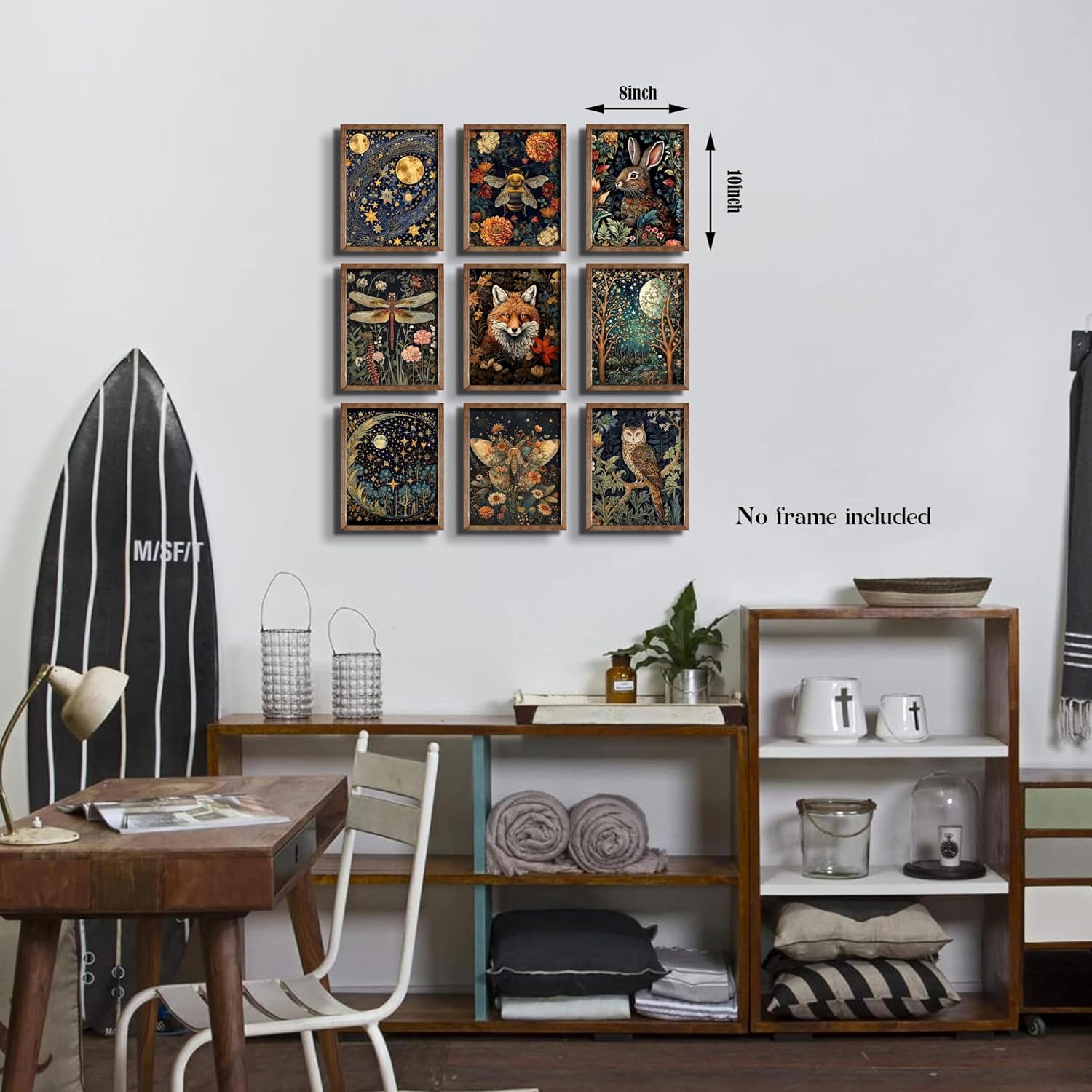 WIARTSH William Morris Style Wall Art Set of 9 – Vintage Rabbit Fox Starry Sky Animal Canvas Prints, Botanical Floral Nature Wall Decor for Living Room Bedroom, 10x8 inch Unframed Art Posters