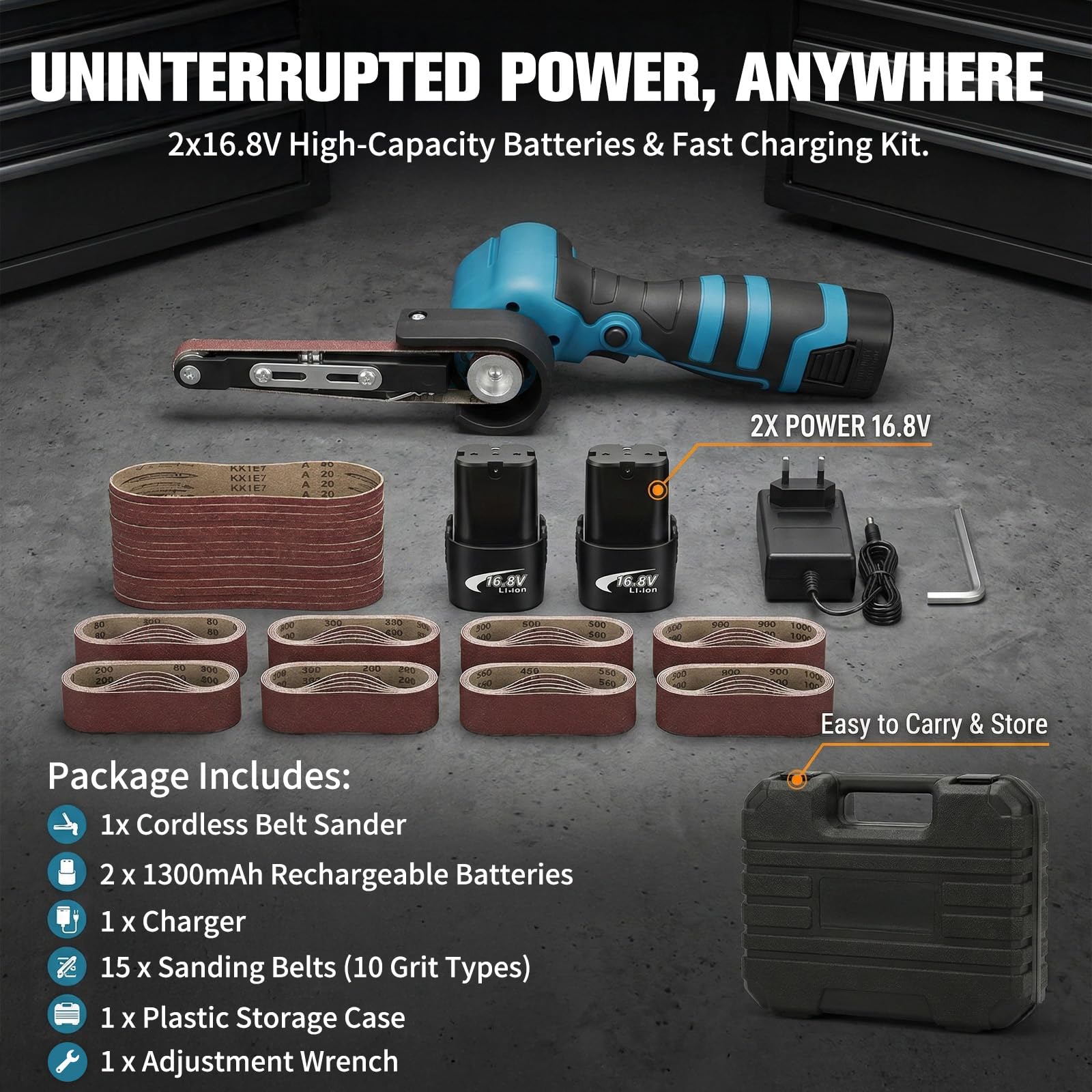 Ponceuse à bande électrique sans fil 7000 tr/min, avec 15 bandes abrasives (grains 80-1000) et 2 batteries au lithium de 16,8 V, pour le travail des métaux, le travail du bois et les surfaces courbes