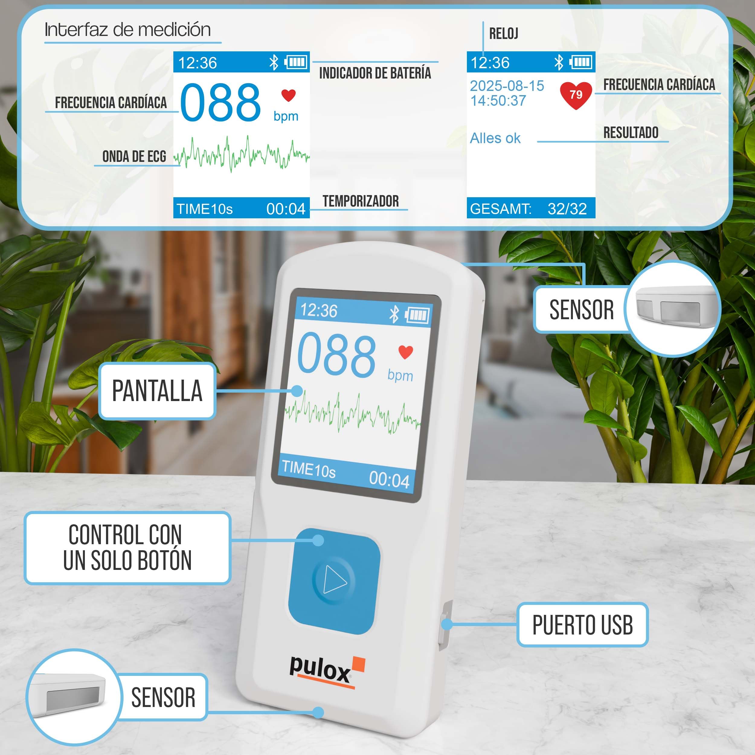 Pulox PM10 Monitor ECG monocanal portátil - Dispositivo de ECG con análisis, aplicación smartphone y software PC