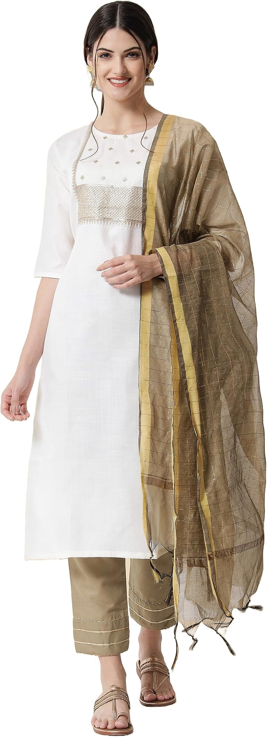 SAI LEELA CREATION ARTWomen's Cotton Silk Sequence Neck Work Kurta Pant with Banarasi Silk Dupatta