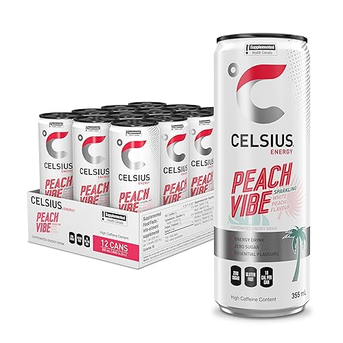CELSIUS Sparkling Peach Vibe, Zero Sugar Energy Drink, 355ml (Pack of 12) - Peach Vibe