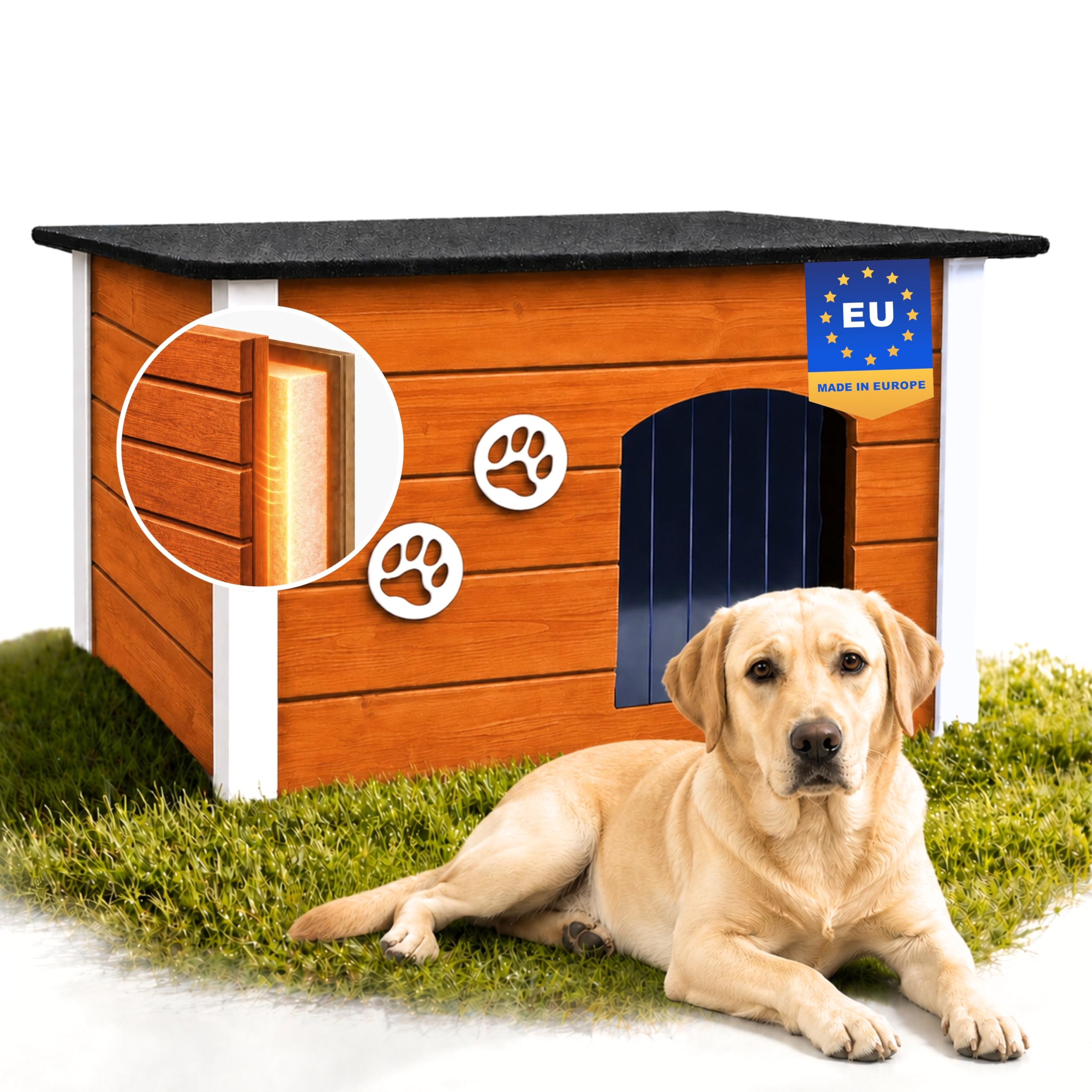 Outentin Hundehütte Outdoor Winterfest - Hundehaus für Große Hund - Isoliert und Wetterfest - Hunde Haus für Draußen mit zum Öffnen Flachdach - Stabile und Moderne Villa - 105 x 71 x 64cm - Teak
