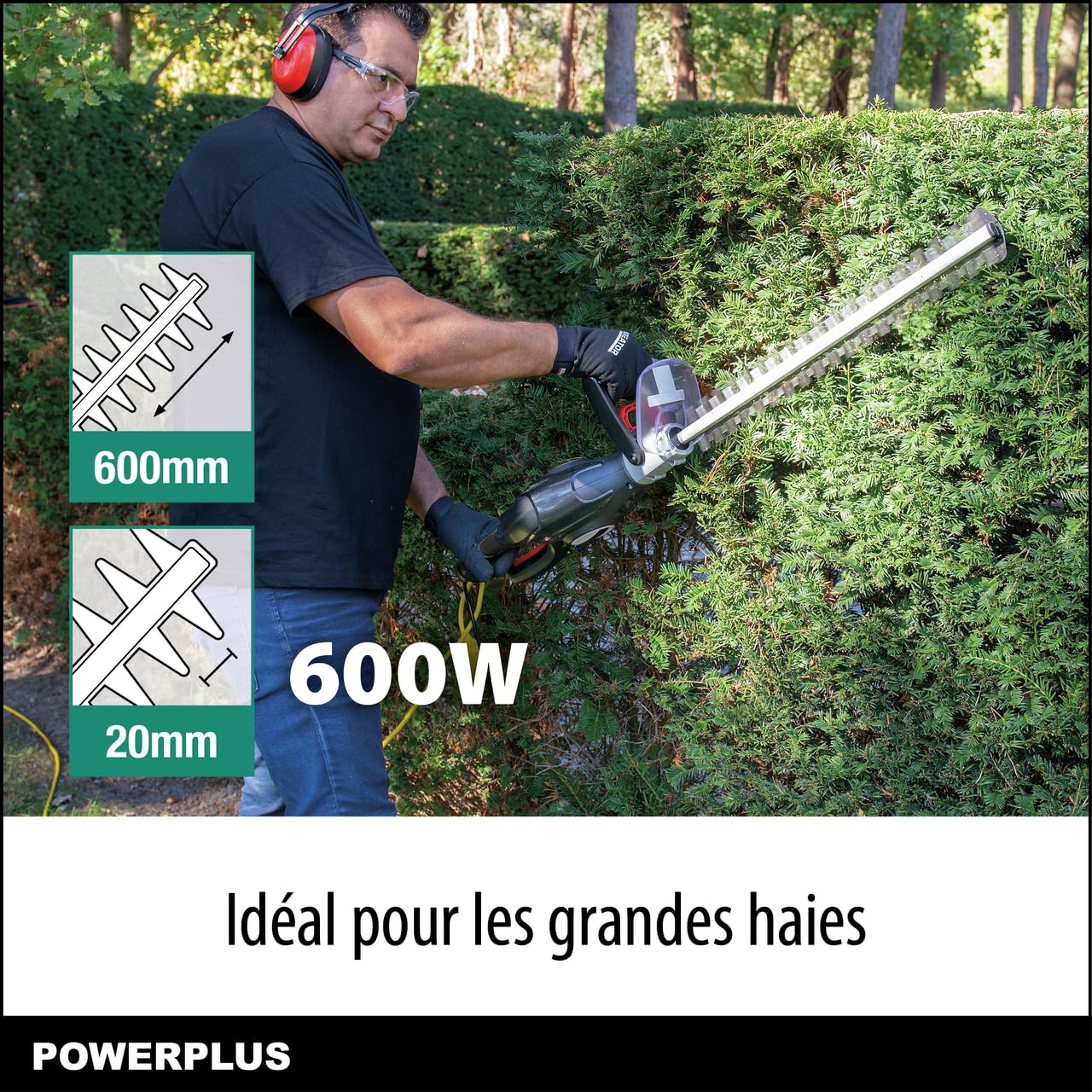 Powerplus Taille-Haie Électrique POWPG30230 - Taille Haie Electrique de 600 W, Lame de 600 mm et Écart de 20 mm, Outillage de Jardin pour Couper Les Buissons, Les Haies et Les Plantes