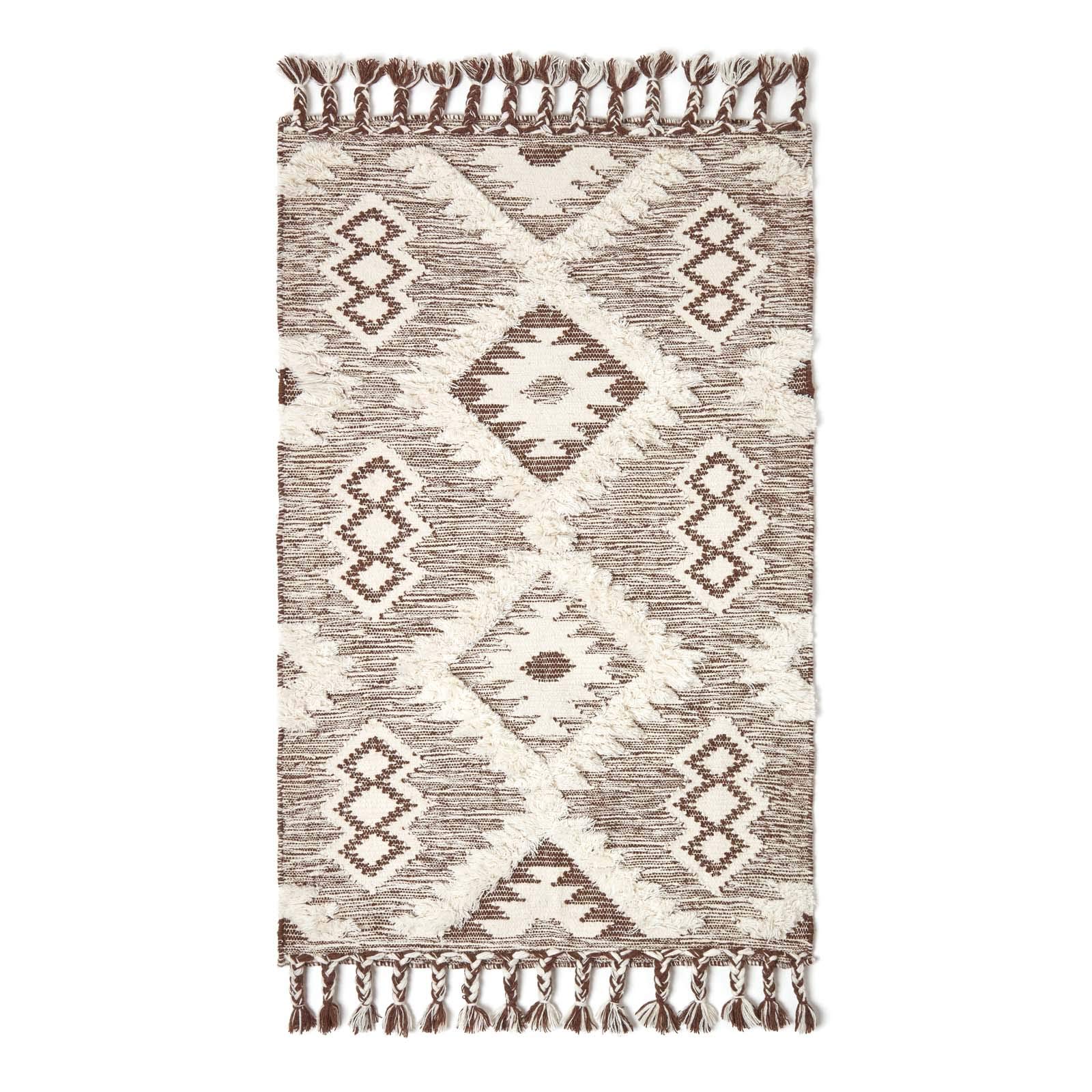 HOMESCAPES Lhasa Tappeto Kilim intrecciato a mano marrone e crema per soggiorno tappeto in lana trapuntata con frange, 90 x 150 cm